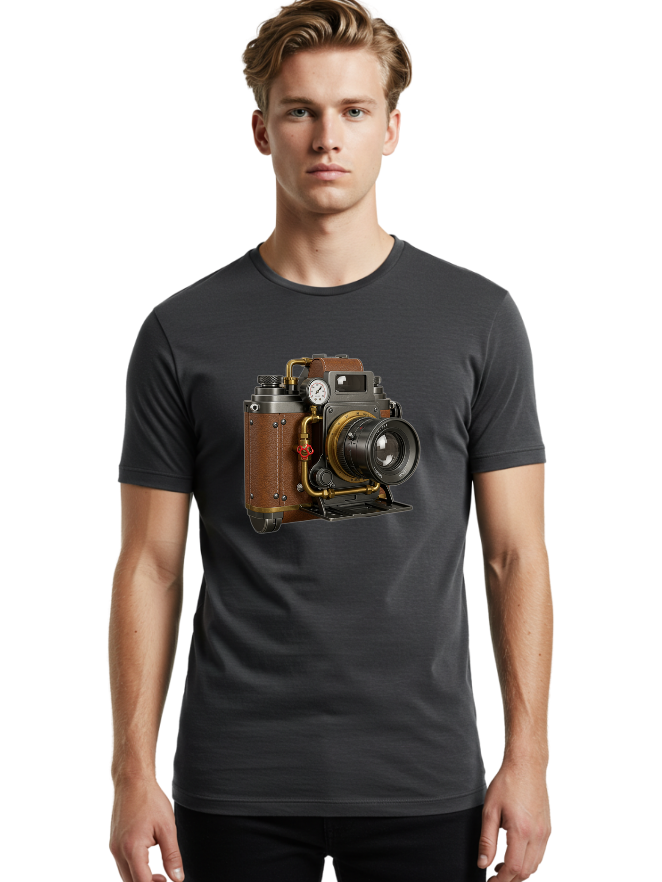 Steampunk-Camera Men'S Graphic Tee, 100% Cotton, Comfortable Casual Summer Wear, Machine Washable, Vintage Camera, Steampunk Design, Antique Photography, Retro Technology, Industrial Elements, Leather Wrapping, Brass Accents, Creative Art, Bae787