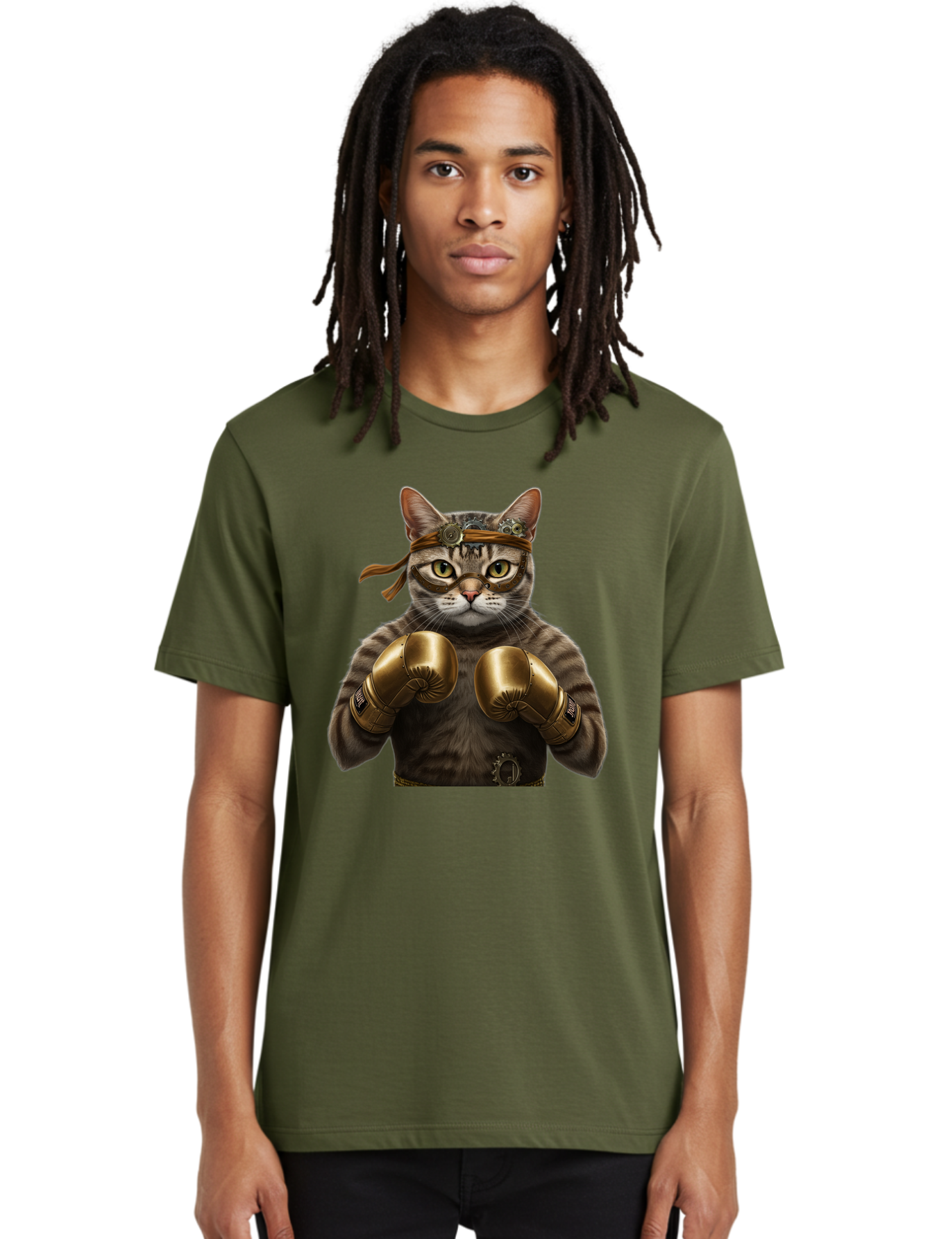 Steampunk-Cat-Boxer Men'S Graphic Tee, 100% Cotton, Comfortable Casual Summer Wear, Machine Washable, Steampunk Cat, Boxing Gloves, Steampunk Accessories, Fantasy Feline, Mechanical Cat, Cat In Boxing Gloves, Whimsical Illustration, Bae788