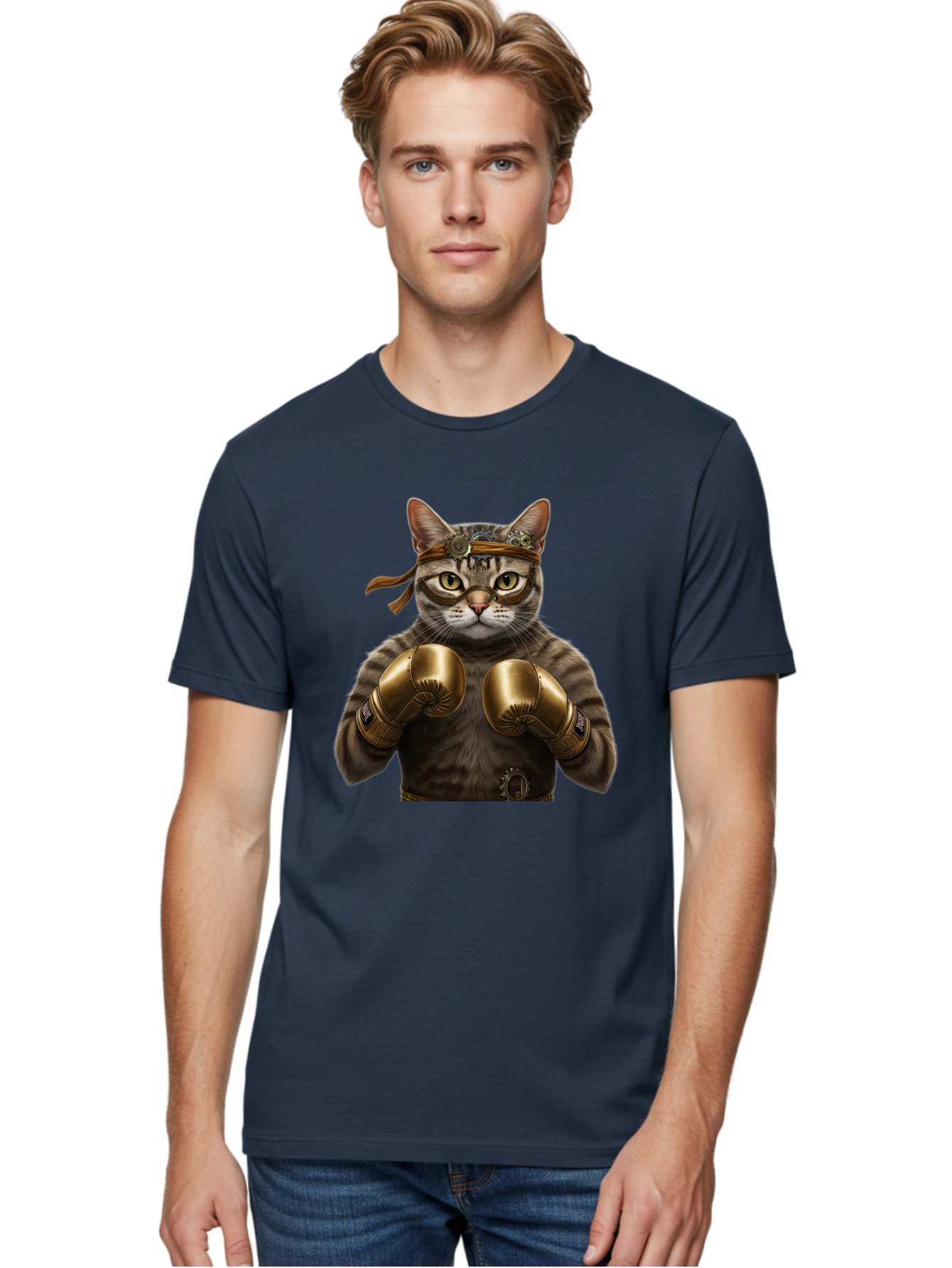 Steampunk-Cat-Boxer Men'S Graphic Tee, 100% Cotton, Comfortable Casual Summer Wear, Machine Washable, Steampunk Cat, Boxing Gloves, Steampunk Accessories, Fantasy Feline, Mechanical Cat, Cat In Boxing Gloves, Whimsical Illustration, Bae788