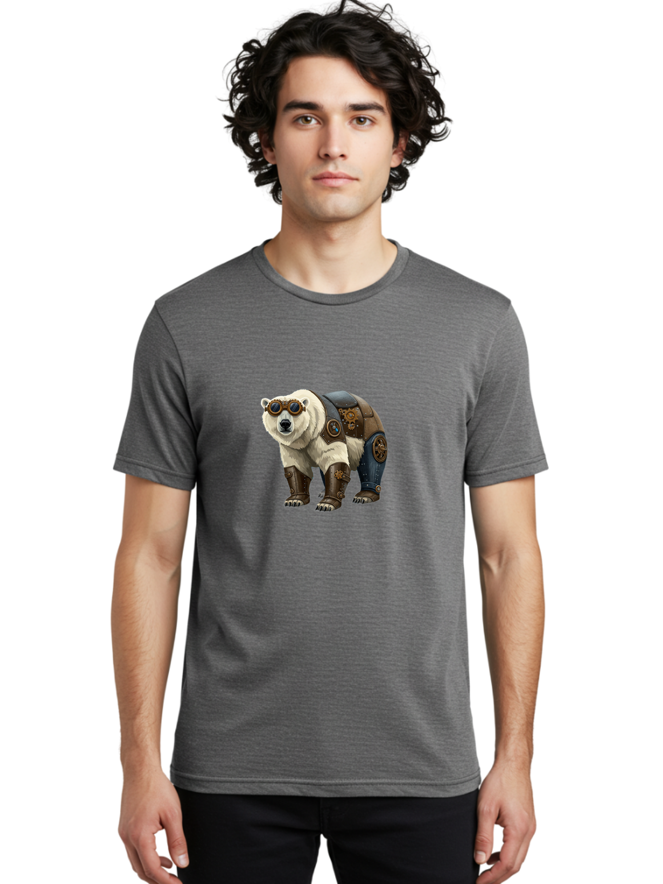 Steampunk-Polar-Bear Men'S Graphic Tee, 100% Cotton, Comfortable Casual Summer Wear, Machine Washable, Steampunk Polar Bear, Mechanical Armor, Goggles, Industrial Style, Fantasy Creature, Sci-Fi Art, Cyberpunk, Futuristic Animal, Bae789