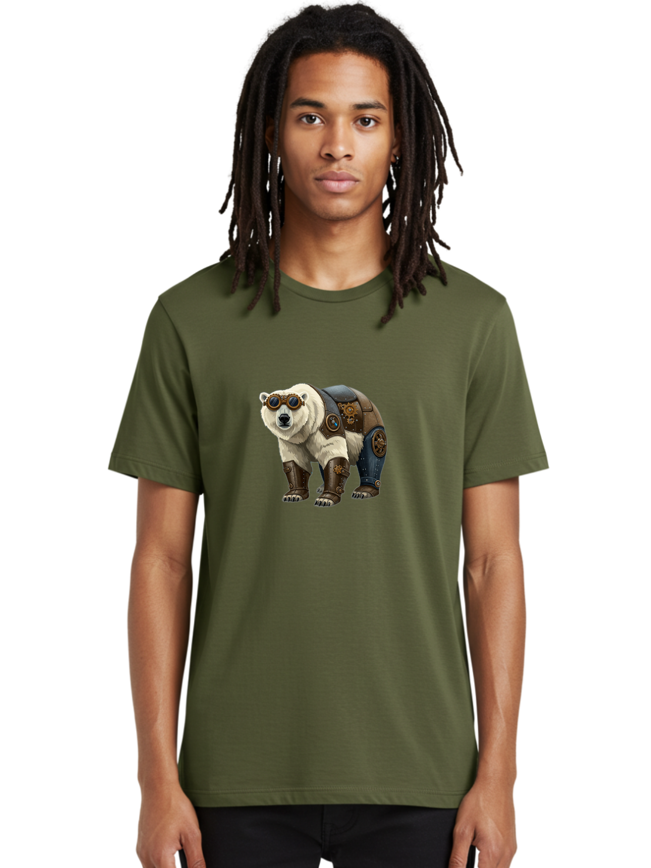 Steampunk-Polar-Bear Men'S Graphic Tee, 100% Cotton, Comfortable Casual Summer Wear, Machine Washable, Steampunk Polar Bear, Mechanical Armor, Goggles, Industrial Style, Fantasy Creature, Sci-Fi Art, Cyberpunk, Futuristic Animal, Bae789