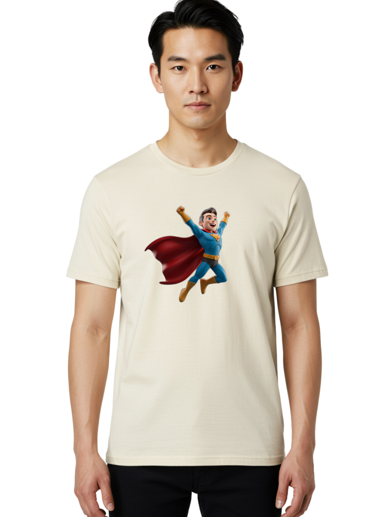 Superman Men'S Graphic Tee, 100% Cotton, Comfortable Casual Summer Wear, Machine Washable, Superhero Character, 3D Cartoon Man, Flying Superhero, Blue Costume, Red Cape, Yellow Emblem, Bold Hero, Dynamic Pose, Superhero Emblem, Comic Hero, Bae791