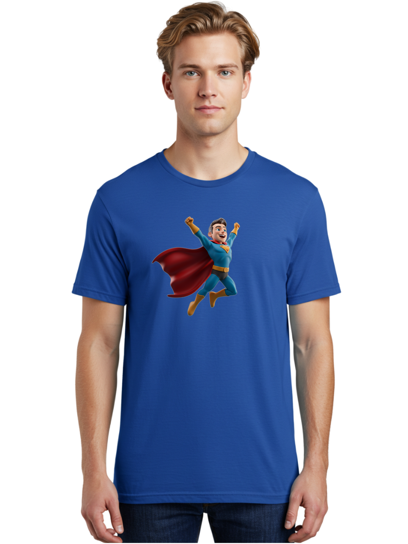 Superman Men'S Graphic Tee, 100% Cotton, Comfortable Casual Summer Wear, Machine Washable, Superhero Character, 3D Cartoon Man, Flying Superhero, Blue Costume, Red Cape, Yellow Emblem, Bold Hero, Dynamic Pose, Superhero Emblem, Comic Hero, Bae791