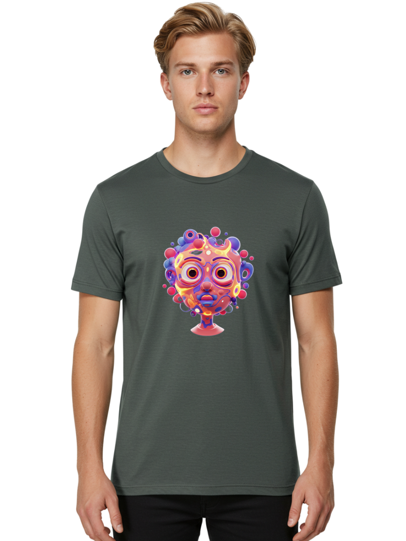 Surreal-Face Men'S Graphic Tee, 100% Cotton, Comfortable Casual Summer Wear, Machine Washable, Surreal Art, Abstract Face, Vibrant Colors, Dreamlike Atmosphere, Psychedelic Design, Futuristic Character, Colorful Eyes Bae792