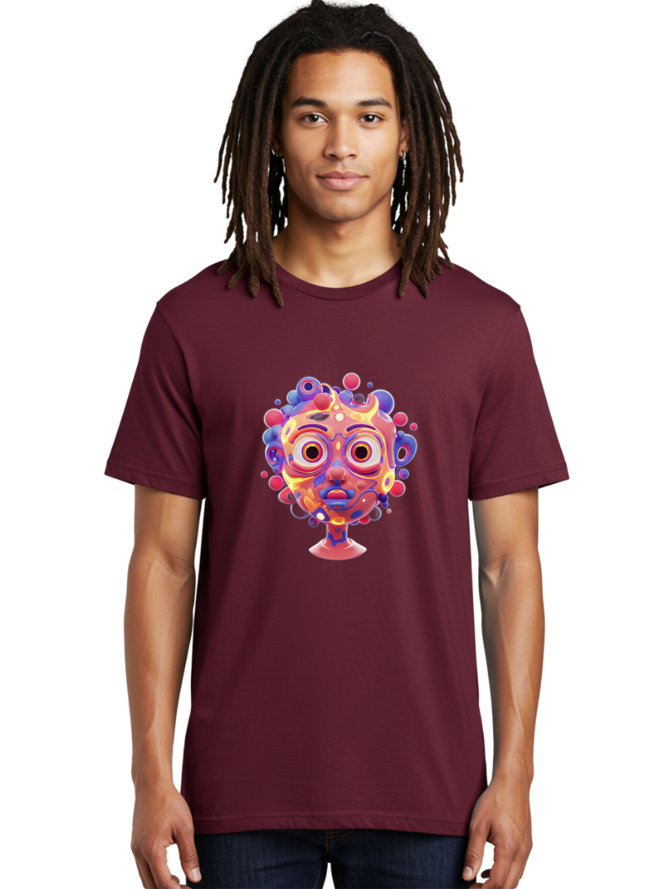 Surreal-Face Men'S Graphic Tee, 100% Cotton, Comfortable Casual Summer Wear, Machine Washable, Surreal Art, Abstract Face, Vibrant Colors, Dreamlike Atmosphere, Psychedelic Design, Futuristic Character, Colorful Eyes Bae792