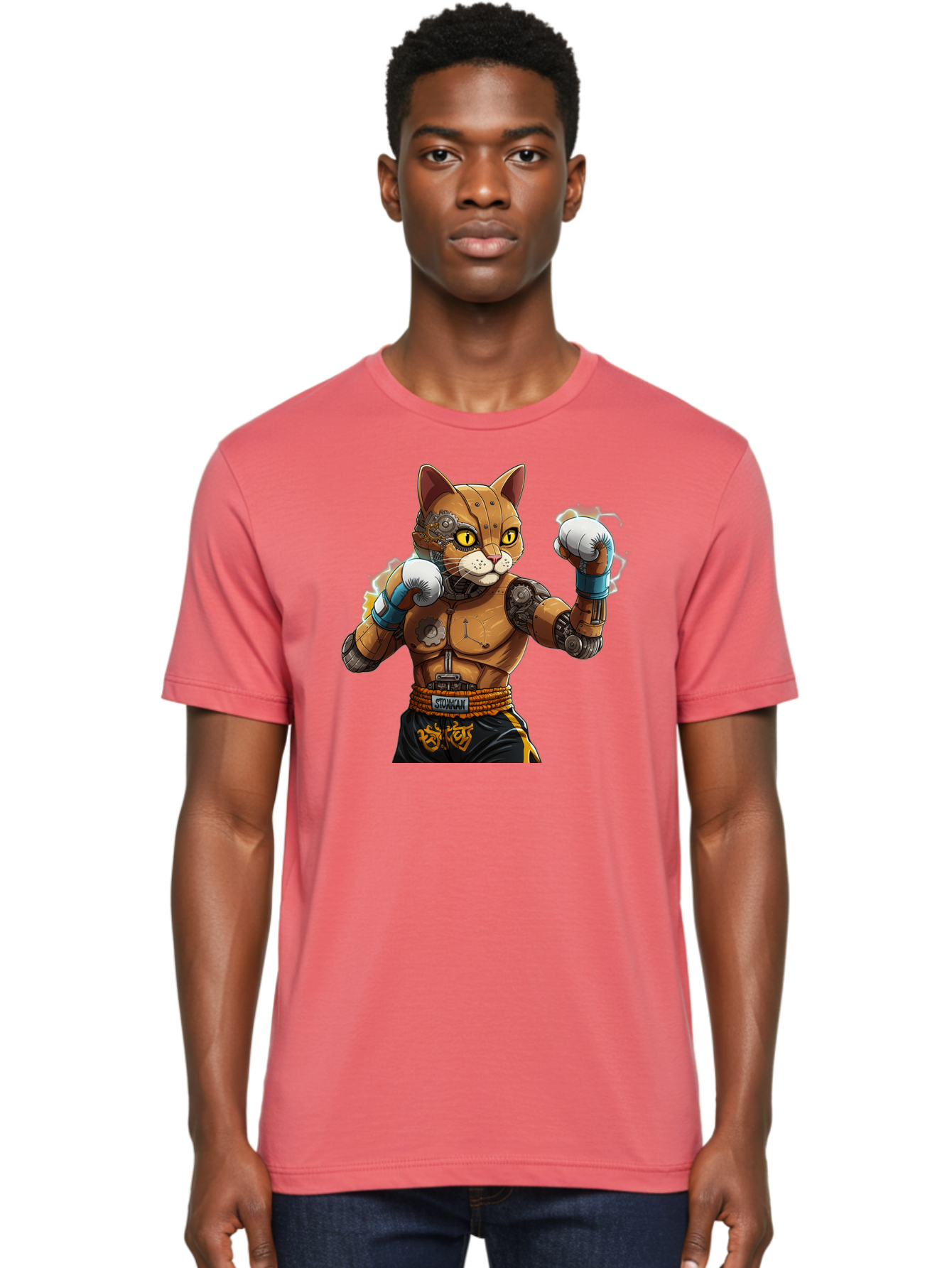 Sworcat Men'S Graphic Tee, 100% Cotton, Comfortable Casual Summer Wear, Machine Washable, Cybernetic Cat, Robotic Feline, Futuristic Illustration, Boxing Cat, Mechanical Cat, Cyberpunk Art, Sci-Fi Creature, Steampunk Cat, Techno Cat, Bae793