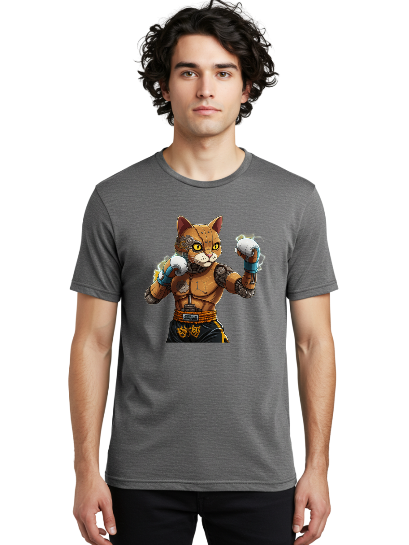 Sworcat Men'S Graphic Tee, 100% Cotton, Comfortable Casual Summer Wear, Machine Washable, Cybernetic Cat, Robotic Feline, Futuristic Illustration, Boxing Cat, Mechanical Cat, Cyberpunk Art, Sci-Fi Creature, Steampunk Cat, Techno Cat, Bae793