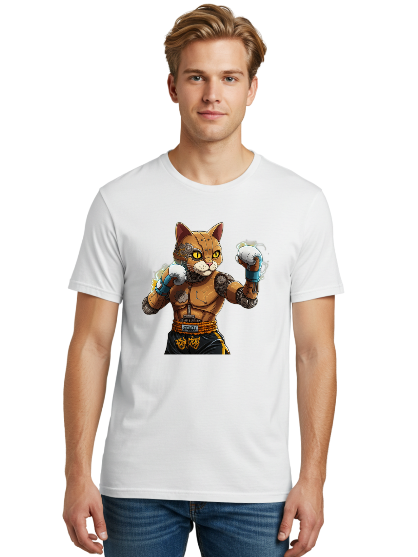 Sworcat Men'S Graphic Tee, 100% Cotton, Comfortable Casual Summer Wear, Machine Washable, Cybernetic Cat, Robotic Feline, Futuristic Illustration, Boxing Cat, Mechanical Cat, Cyberpunk Art, Sci-Fi Creature, Steampunk Cat, Techno Cat, Bae793