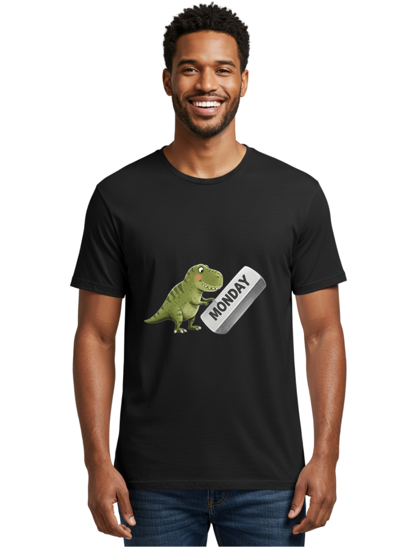 T-Rex-Monday Men'S Graphic Tee, 100% Cotton, Comfortable Casual Summer Wear, Machine Washable, Cartoon Dinosaur Holding 'Monday' Sign, Funny Prehistoric Creature, Humorous Illustration, Monday Motivation, Dino Humor, T-Rex Character Bae794