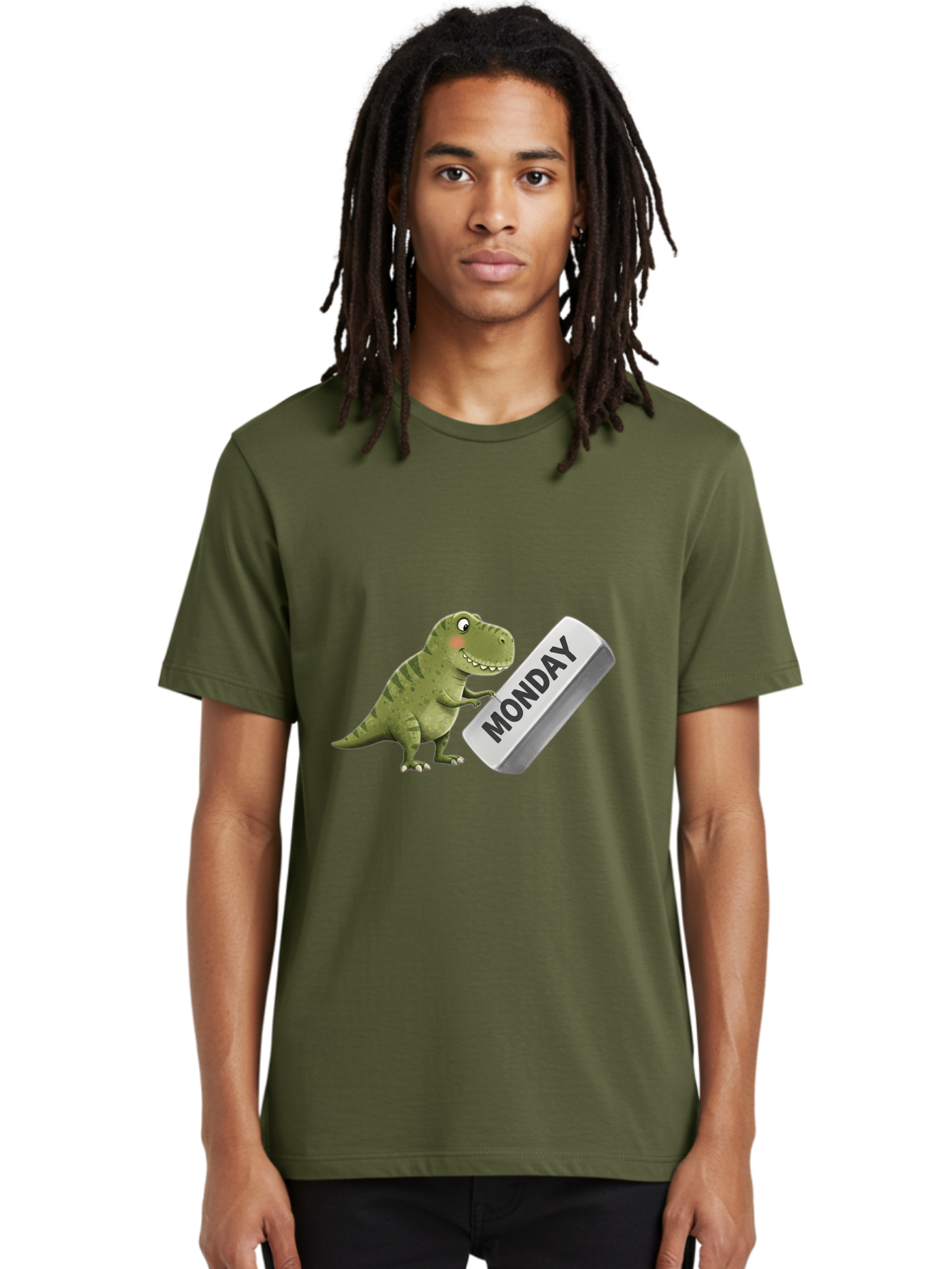 T-Rex-Monday Men'S Graphic Tee, 100% Cotton, Comfortable Casual Summer Wear, Machine Washable, Cartoon Dinosaur Holding 'Monday' Sign, Funny Prehistoric Creature, Humorous Illustration, Monday Motivation, Dino Humor, T-Rex Character Bae794