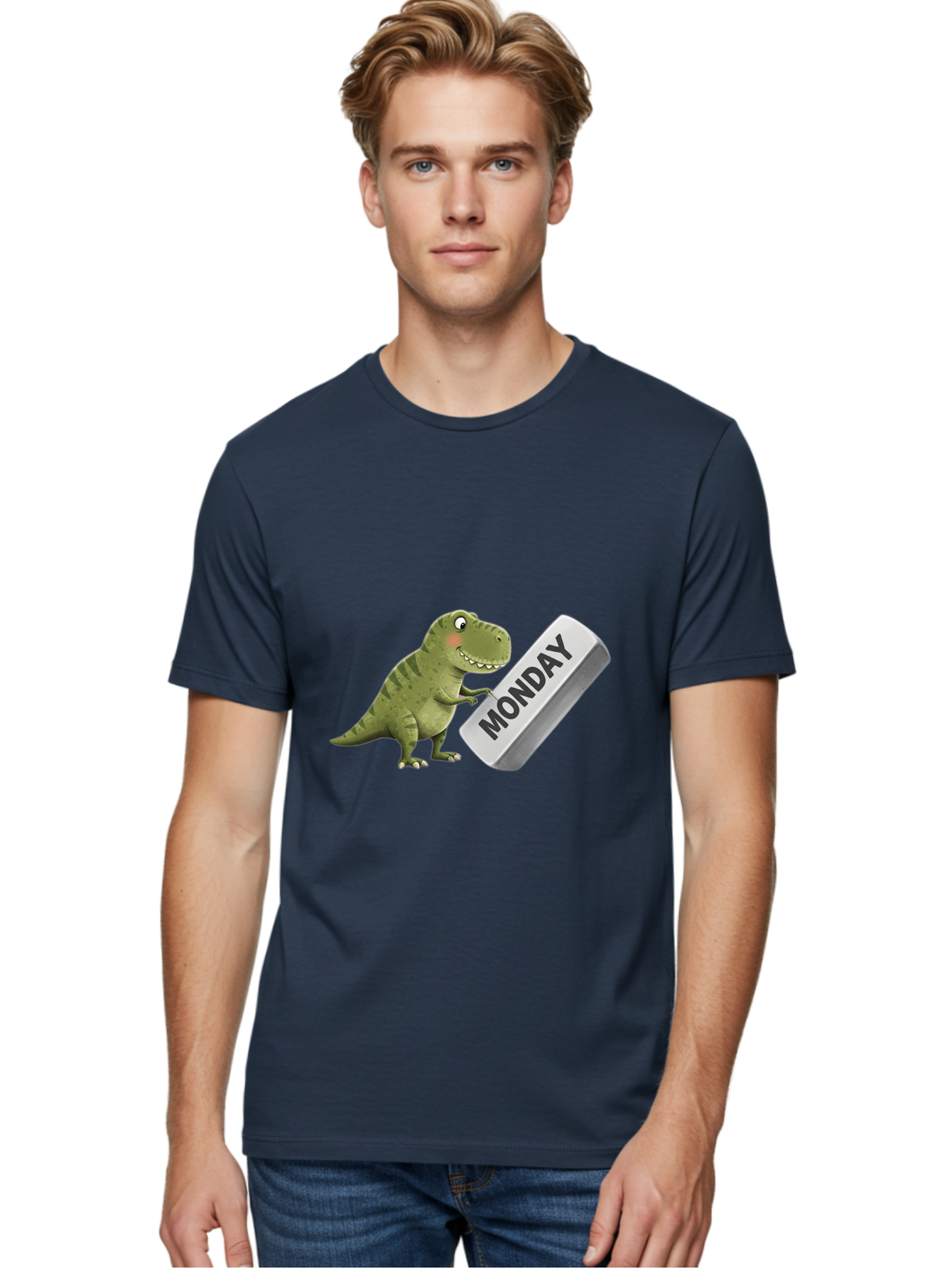 T-Rex-Monday Men'S Graphic Tee, 100% Cotton, Comfortable Casual Summer Wear, Machine Washable, Cartoon Dinosaur Holding 'Monday' Sign, Funny Prehistoric Creature, Humorous Illustration, Monday Motivation, Dino Humor, T-Rex Character Bae794