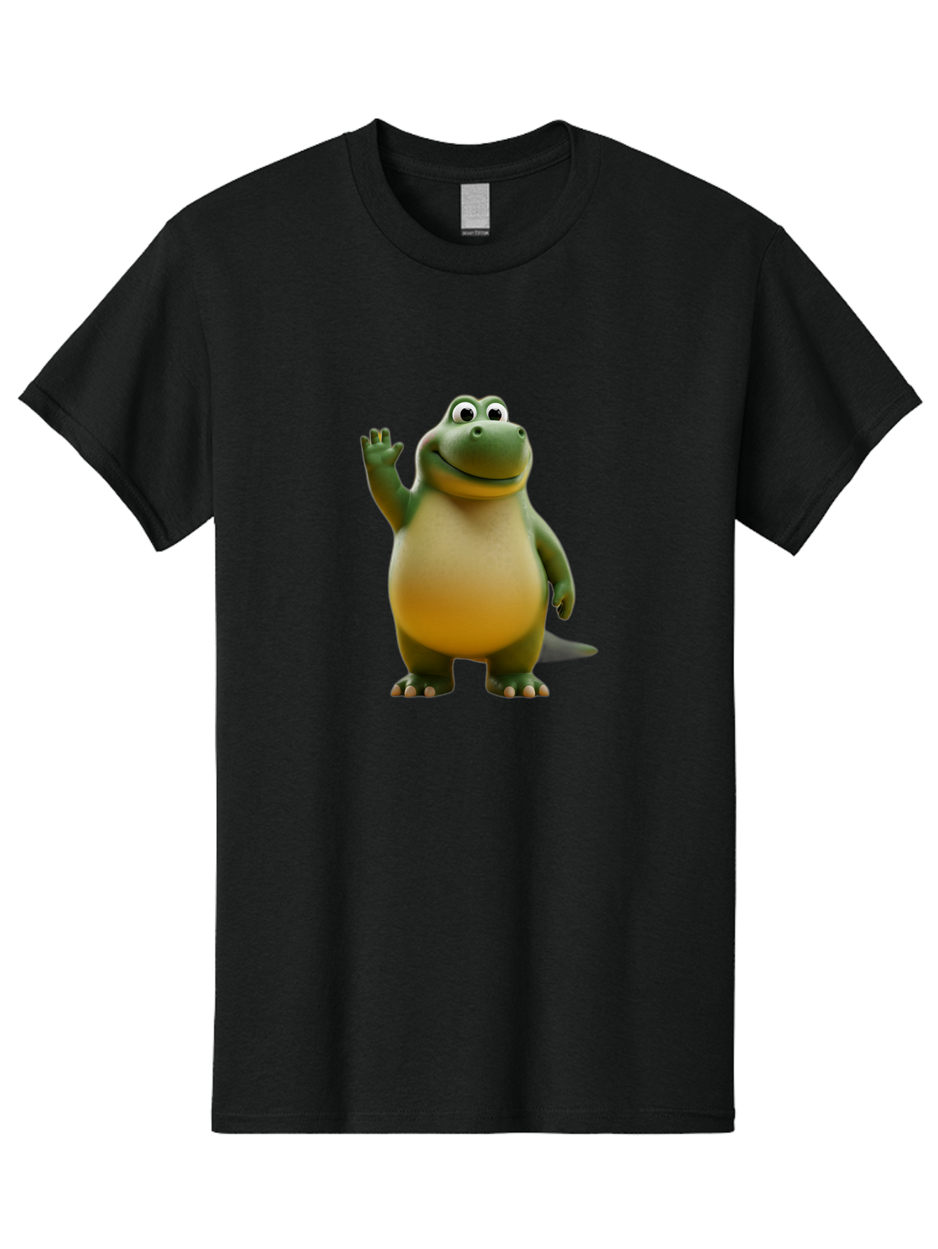 T-Rex Men'S Graphic Tee, 100% Cotton, Comfortable Casual Summer Wear, Machine Washable, Cartoon Dinosaur, Friendly Dinosaur, Waving Dinosaur, Green Dinosaur, Happy Dinosaur, 3D Illustration, Cheerful Character, Prehistoric Creature, Bae795