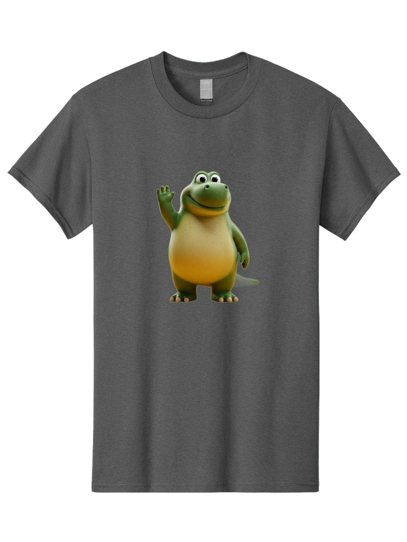 T-Rex Men'S Graphic Tee, 100% Cotton, Comfortable Casual Summer Wear, Machine Washable, Cartoon Dinosaur, Friendly Dinosaur, Waving Dinosaur, Green Dinosaur, Happy Dinosaur, 3D Illustration, Cheerful Character, Prehistoric Creature, Bae795