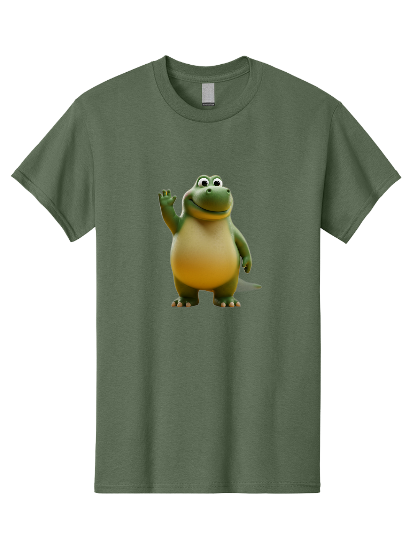 T-Rex Men'S Graphic Tee, 100% Cotton, Comfortable Casual Summer Wear, Machine Washable, Cartoon Dinosaur, Friendly Dinosaur, Waving Dinosaur, Green Dinosaur, Happy Dinosaur, 3D Illustration, Cheerful Character, Prehistoric Creature, Bae795