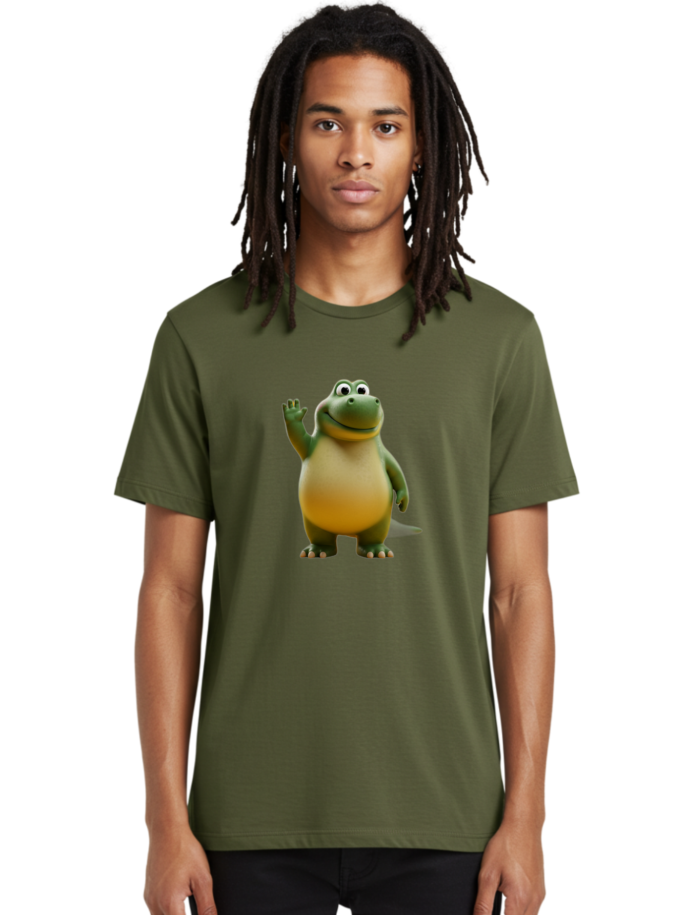 T-Rex Men'S Graphic Tee, 100% Cotton, Comfortable Casual Summer Wear, Machine Washable, Cartoon Dinosaur, Friendly Dinosaur, Waving Dinosaur, Green Dinosaur, Happy Dinosaur, 3D Illustration, Cheerful Character, Prehistoric Creature, Bae795
