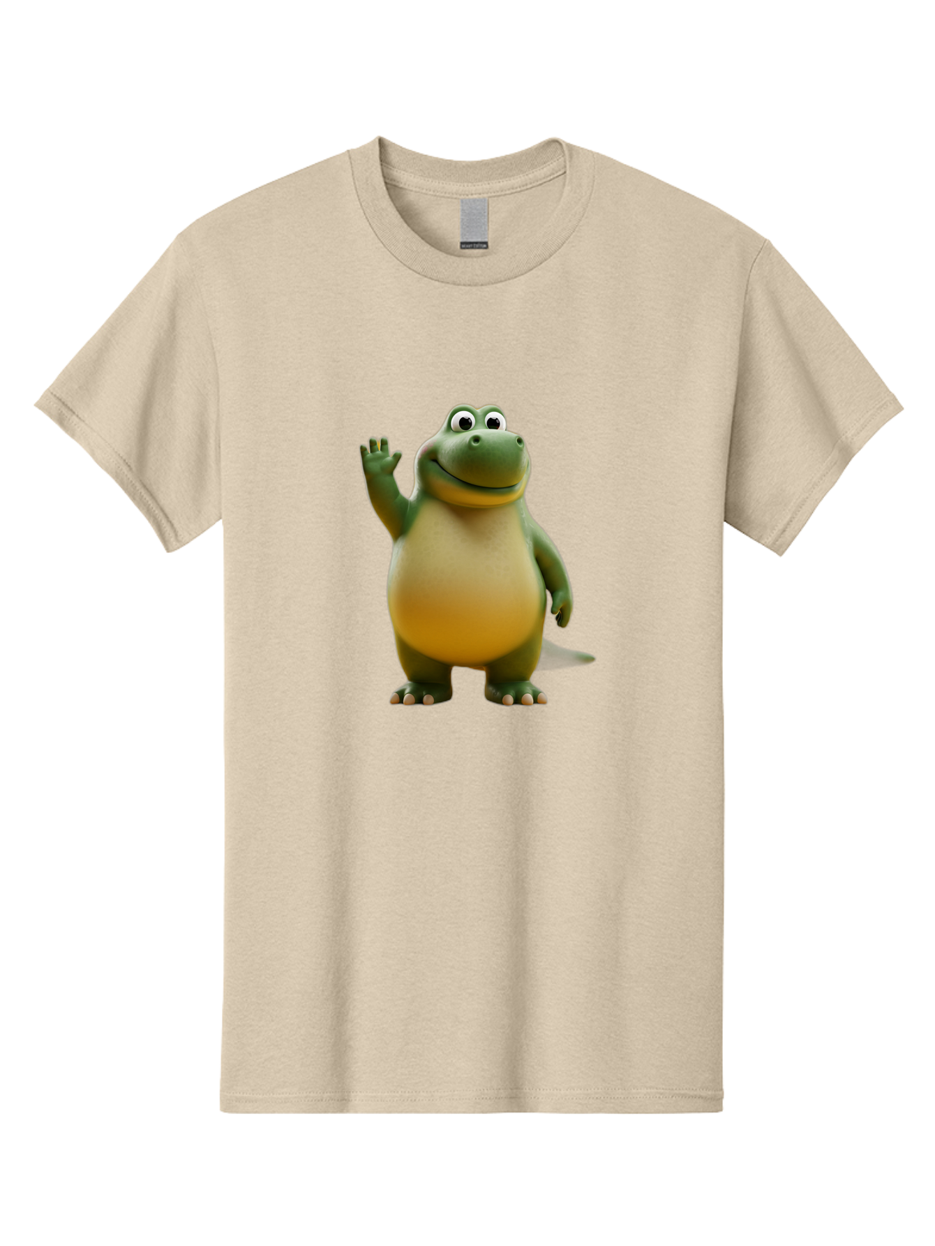 T-Rex Men'S Graphic Tee, 100% Cotton, Comfortable Casual Summer Wear, Machine Washable, Cartoon Dinosaur, Friendly Dinosaur, Waving Dinosaur, Green Dinosaur, Happy Dinosaur, 3D Illustration, Cheerful Character, Prehistoric Creature, Bae795