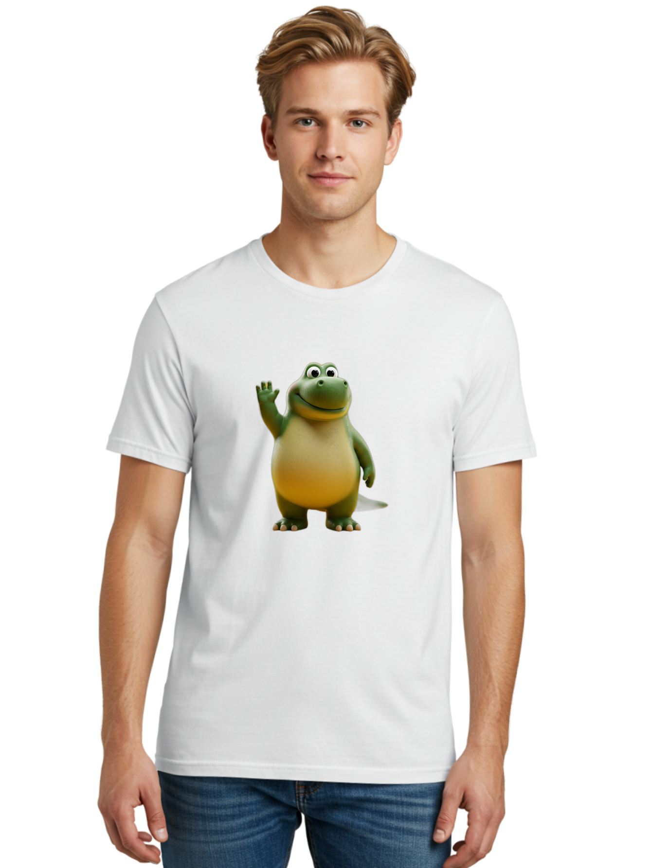 T-Rex Men'S Graphic Tee, 100% Cotton, Comfortable Casual Summer Wear, Machine Washable, Cartoon Dinosaur, Friendly Dinosaur, Waving Dinosaur, Green Dinosaur, Happy Dinosaur, 3D Illustration, Cheerful Character, Prehistoric Creature, Bae795