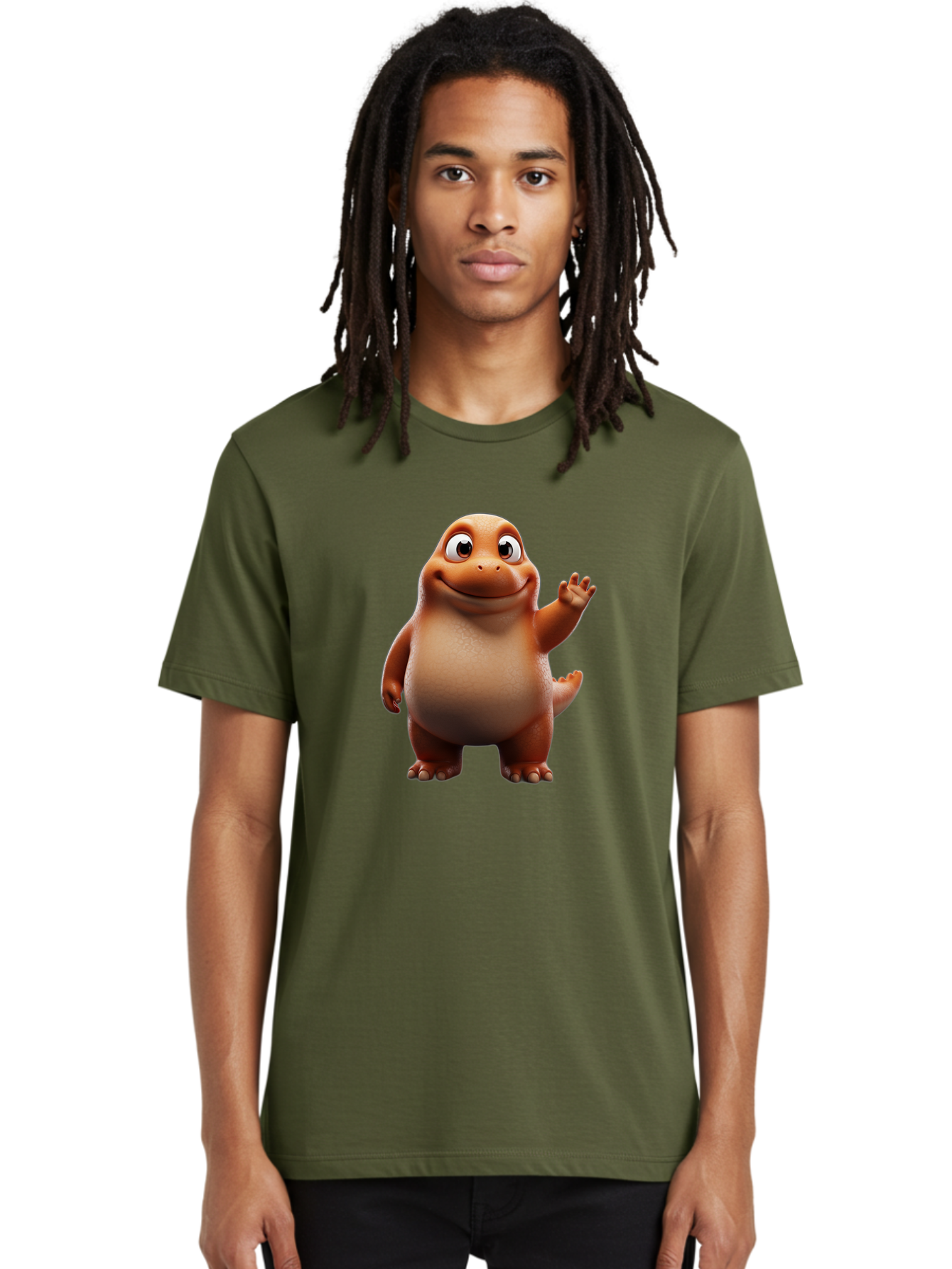 The-Good-Dinosaur Men'S Graphic Tee, 100% Cotton, Comfortable Casual Summer Wear, Machine Washable, Cartoon Dinosaur, Friendly Character, Smiling T-Rex, Animated Creature, Waving Hand, Children'S Entertainment, Prehistoric Animal, Bae797