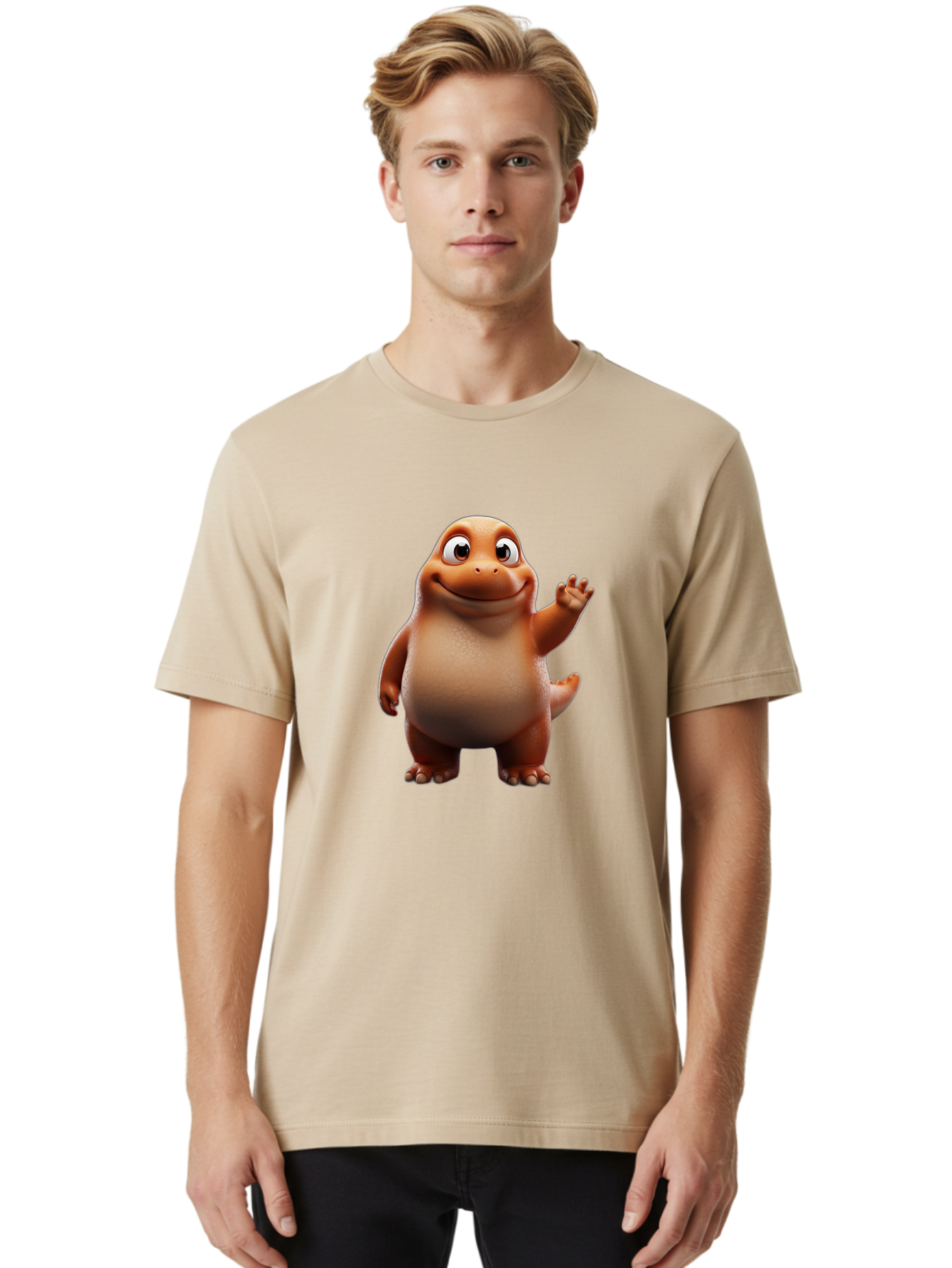 The-Good-Dinosaur Men'S Graphic Tee, 100% Cotton, Comfortable Casual Summer Wear, Machine Washable, Cartoon Dinosaur, Friendly Character, Smiling T-Rex, Animated Creature, Waving Hand, Children'S Entertainment, Prehistoric Animal, Bae797