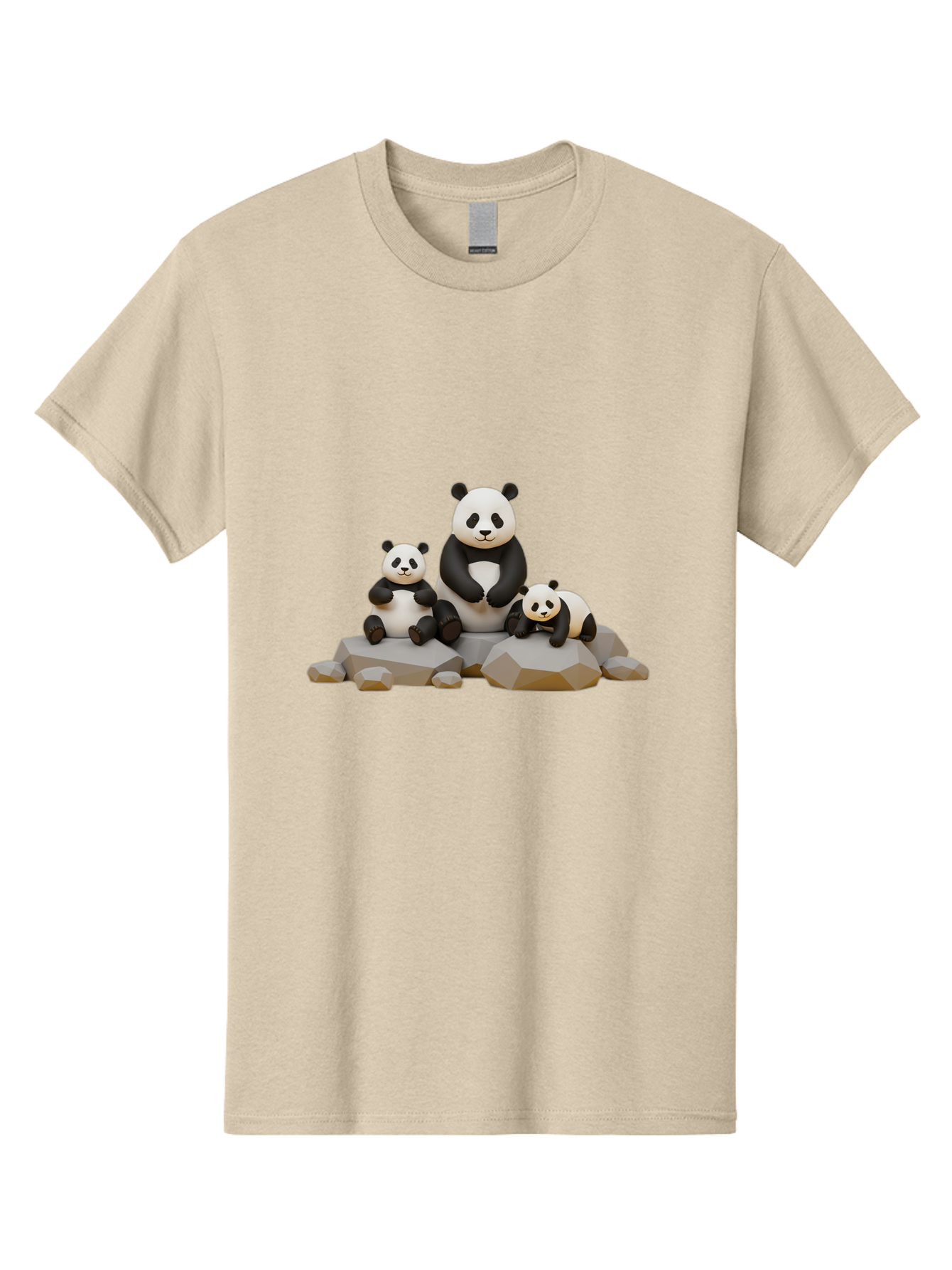 Three-Pandas Men'S Graphic Tee, 100% Cotton, Comfortable Casual Summer Wear, Machine Washable, Three Pandas Sitting On Rocks, Cute Pandas, Adorable Animals, Cartoon Style, 3D Rendering, Panda Family, Wildlife Illustration, Bae799