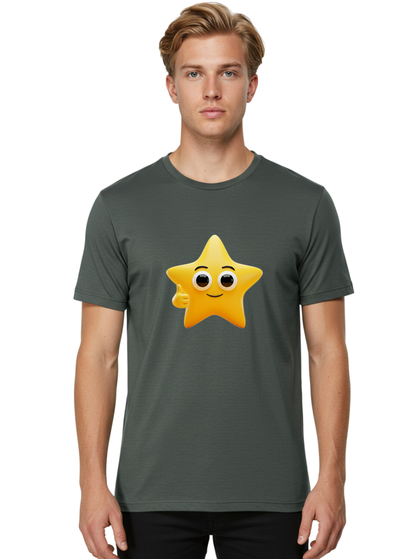 Thumbs-Up-Star Men'S Graphic Tee, 100% Cotton, Comfortable Casual Summer Wear, Machine Washable, Cartoon Star, Thumbs Up Gesture, Smiling Face, Yellow Star Character, Approval Symbol, Friendly Emoji, Cute Mascot, Positive Attitude Bae800