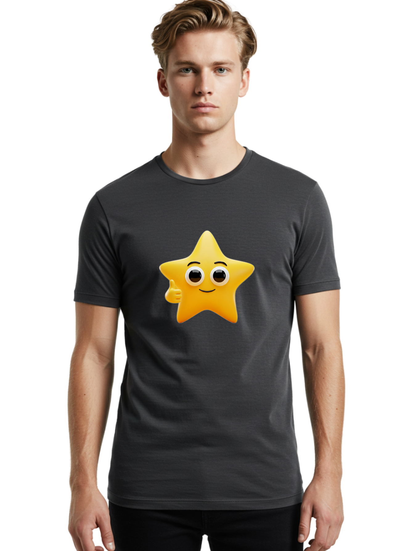 Thumbs-Up-Star Men'S Graphic Tee, 100% Cotton, Comfortable Casual Summer Wear, Machine Washable, Cartoon Star, Thumbs Up Gesture, Smiling Face, Yellow Star Character, Approval Symbol, Friendly Emoji, Cute Mascot, Positive Attitude Bae800