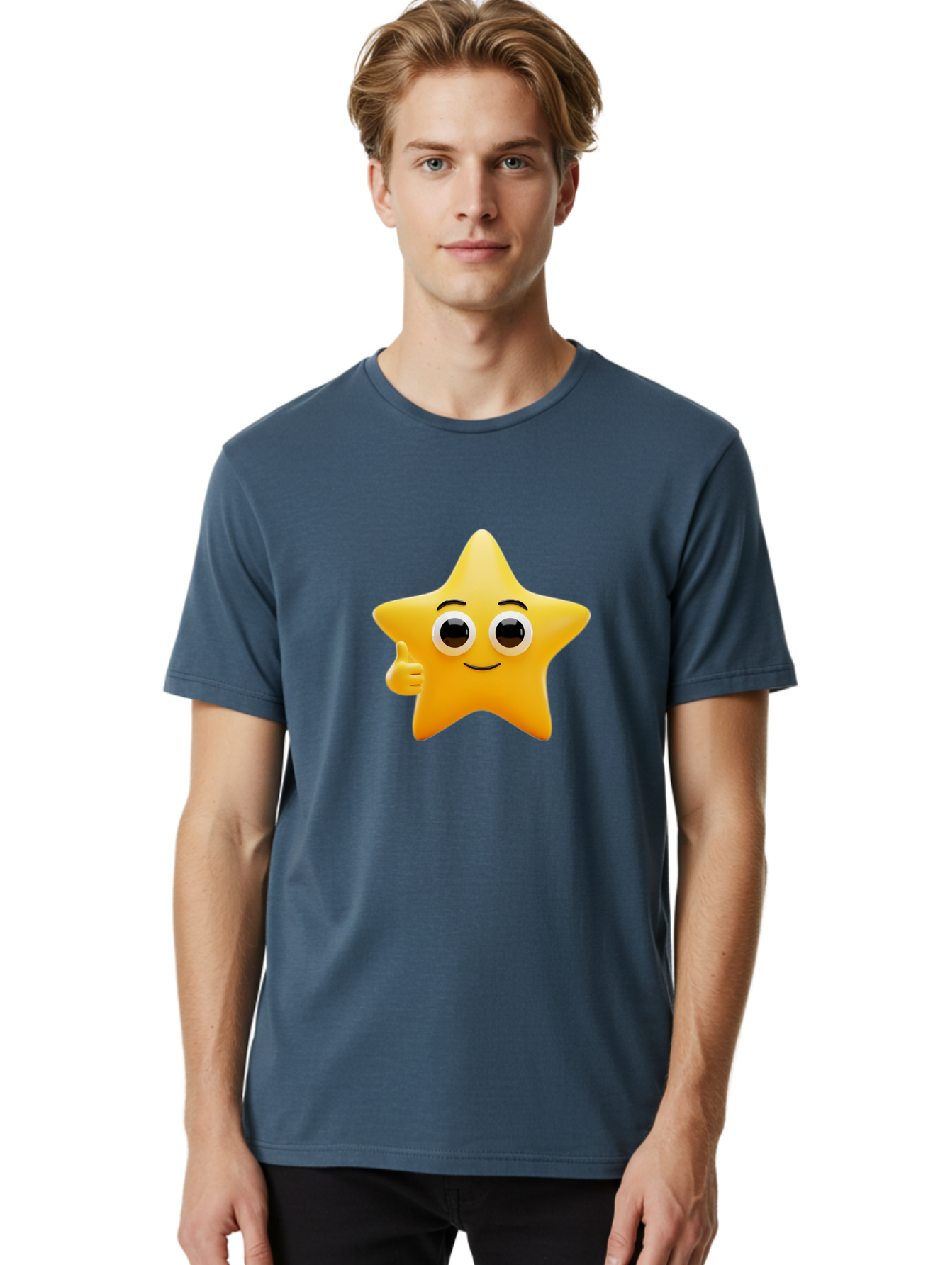 Thumbs-Up-Star Men'S Graphic Tee, 100% Cotton, Comfortable Casual Summer Wear, Machine Washable, Cartoon Star, Thumbs Up Gesture, Smiling Face, Yellow Star Character, Approval Symbol, Friendly Emoji, Cute Mascot, Positive Attitude Bae800