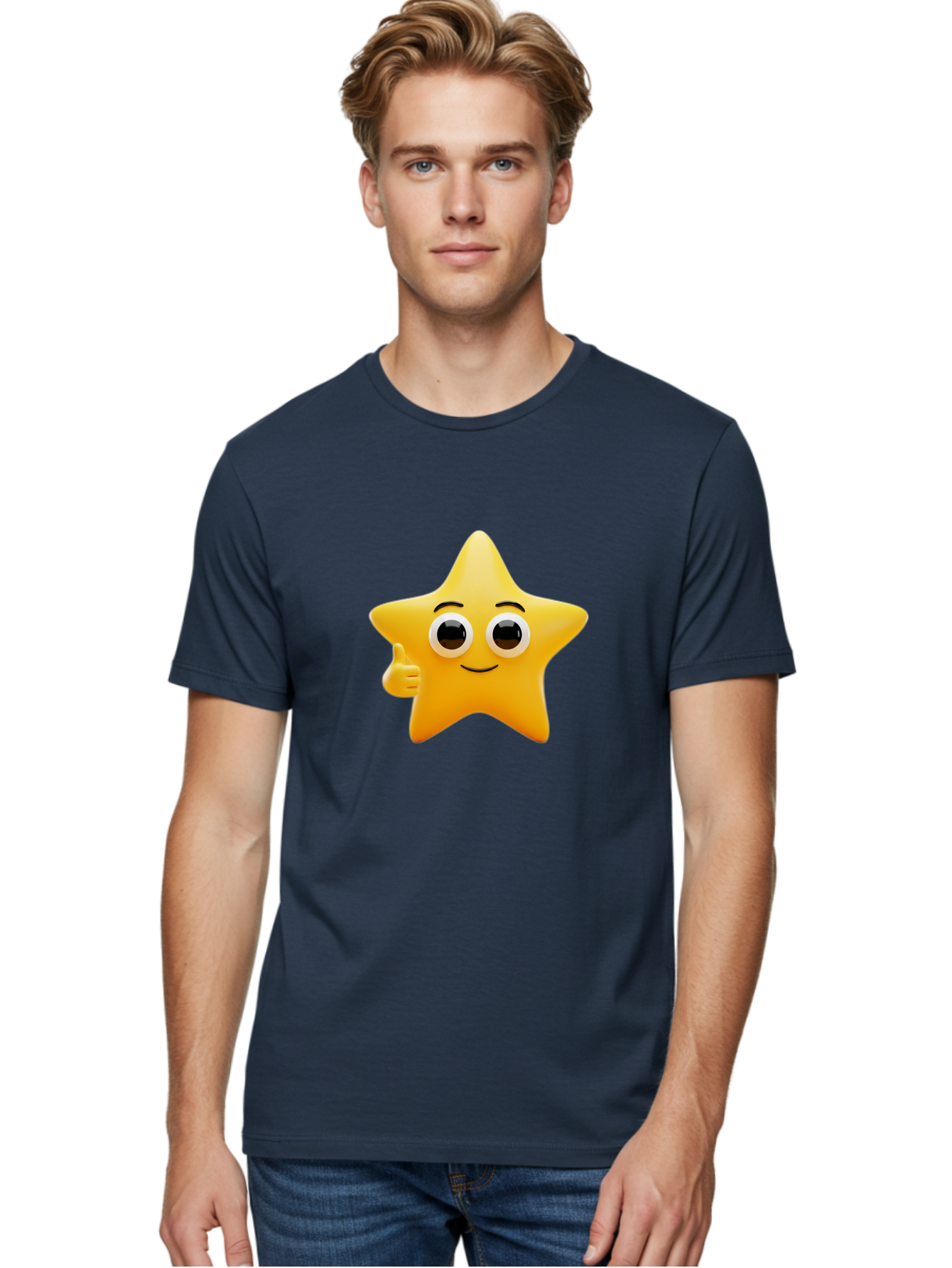Thumbs-Up-Star Men'S Graphic Tee, 100% Cotton, Comfortable Casual Summer Wear, Machine Washable, Cartoon Star, Thumbs Up Gesture, Smiling Face, Yellow Star Character, Approval Symbol, Friendly Emoji, Cute Mascot, Positive Attitude Bae800