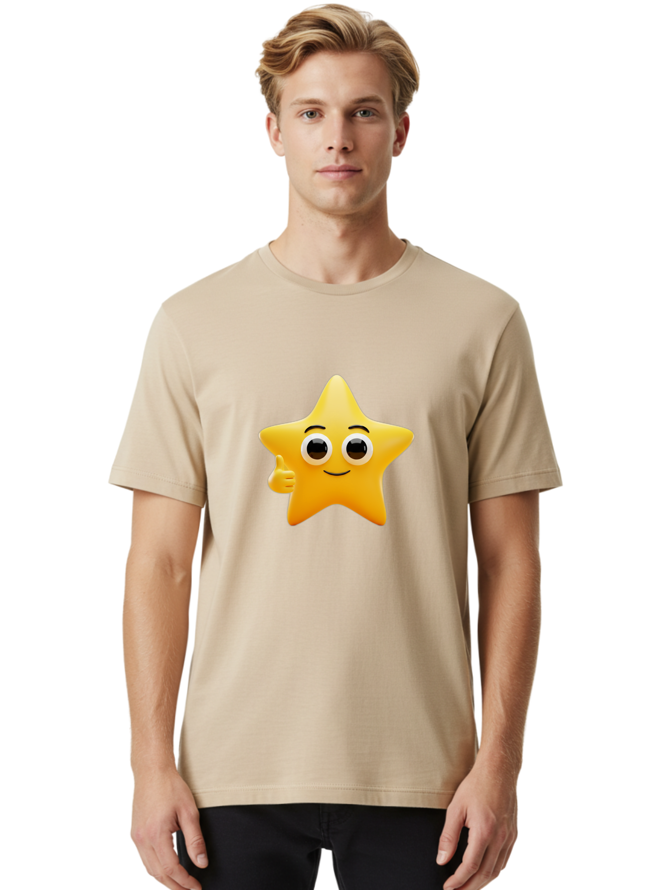 Thumbs-Up-Star Men'S Graphic Tee, 100% Cotton, Comfortable Casual Summer Wear, Machine Washable, Cartoon Star, Thumbs Up Gesture, Smiling Face, Yellow Star Character, Approval Symbol, Friendly Emoji, Cute Mascot, Positive Attitude Bae800