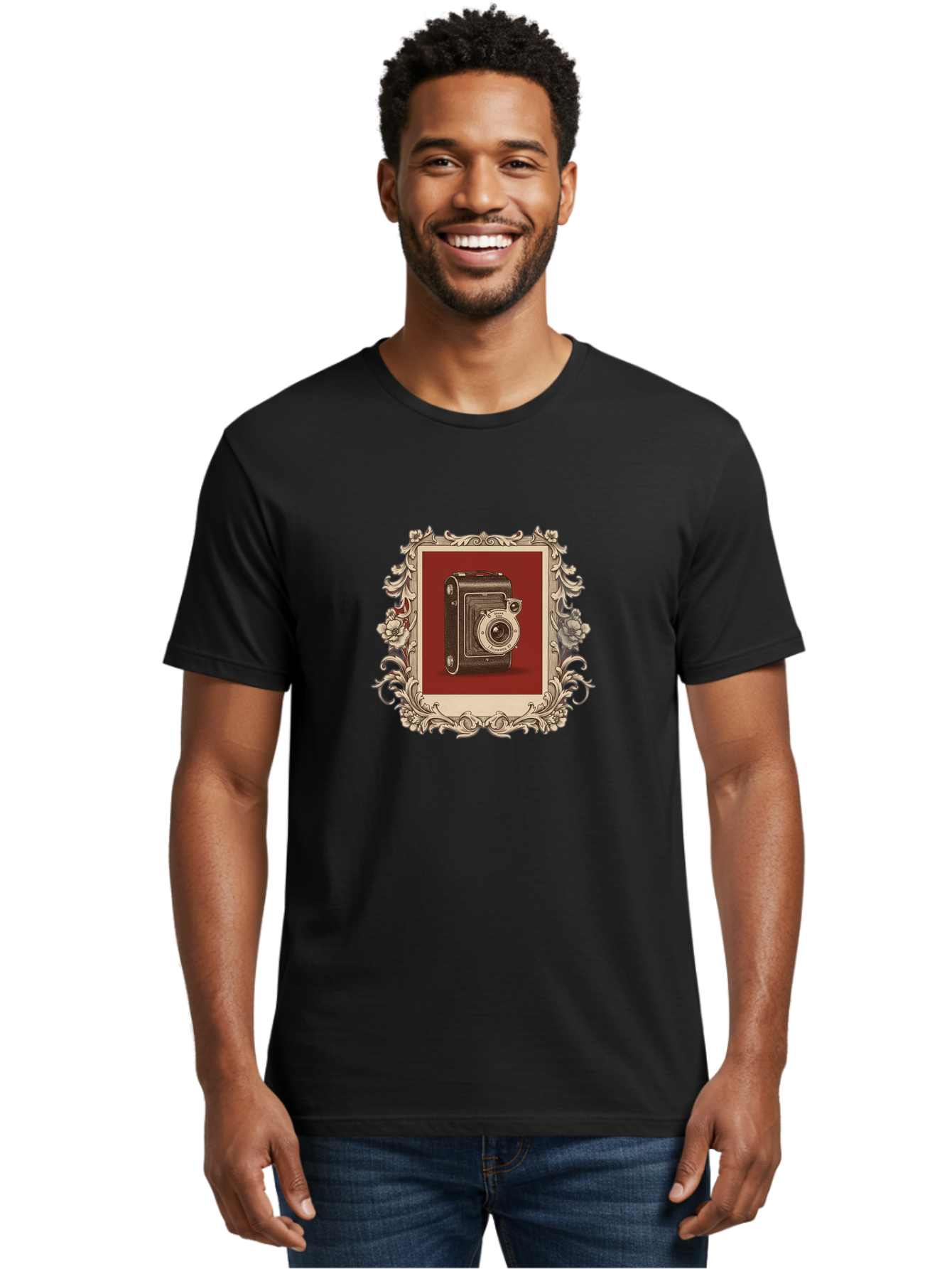 Vintage-Camera-1 Men'S Graphic Tee, 100% Cotton, Comfortable Casual Summer Wear, Machine Washable, Vintage Camera, Ornate Frame, Floral Design, Old-Fashioned Photography, Antique Style, Camera Equipment, Retro Aesthetic, Classic Lens Bae804