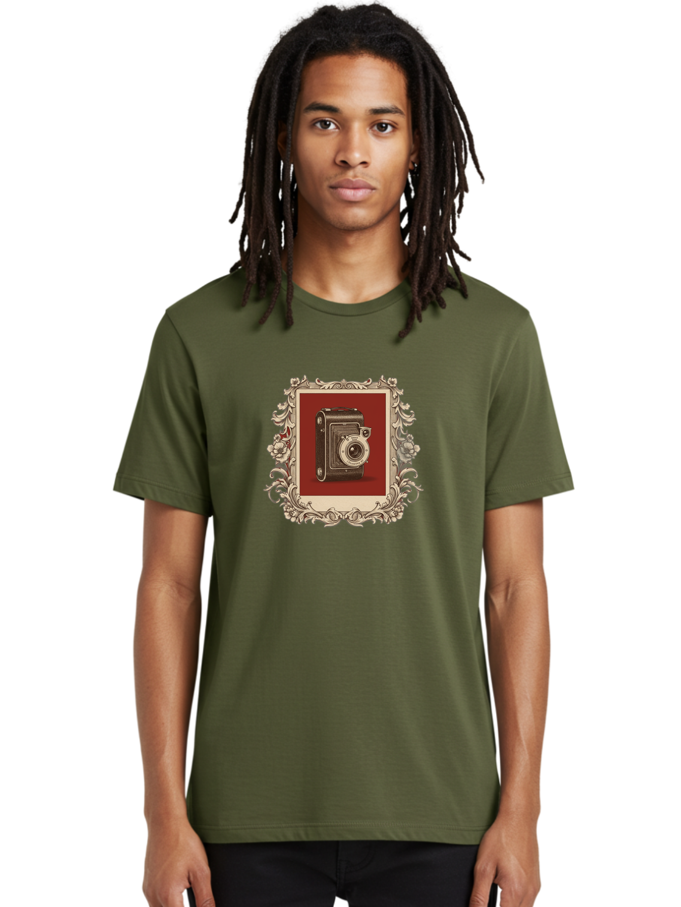 Vintage-Camera-1 Men'S Graphic Tee, 100% Cotton, Comfortable Casual Summer Wear, Machine Washable, Vintage Camera, Ornate Frame, Floral Design, Old-Fashioned Photography, Antique Style, Camera Equipment, Retro Aesthetic, Classic Lens Bae804