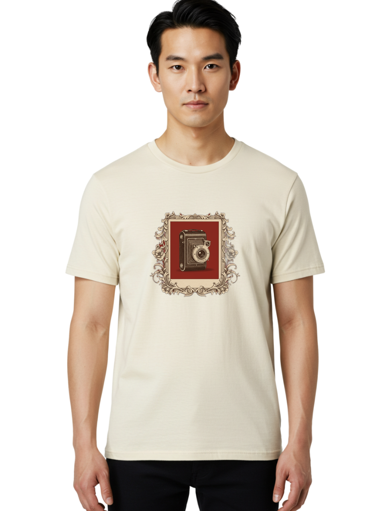 Vintage-Camera-1 Men'S Graphic Tee, 100% Cotton, Comfortable Casual Summer Wear, Machine Washable, Vintage Camera, Ornate Frame, Floral Design, Old-Fashioned Photography, Antique Style, Camera Equipment, Retro Aesthetic, Classic Lens Bae804