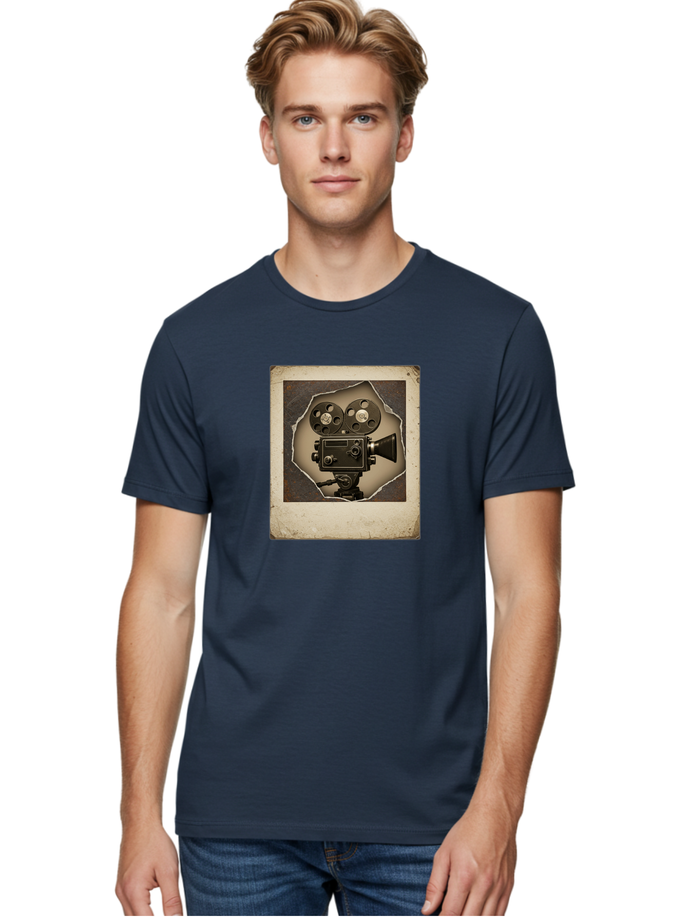 Vintage-Movie-Camera Men'S Graphic Tee, 100% Cotton, Comfortable Casual Summer Wear, Machine Washable, Vintage Movie Camera, Film Reels, Retro Filmmaking, Cinematography, Nostalgic, Classic Cinema, Old Movie Equipment, Filmmaking Accessories Bae817