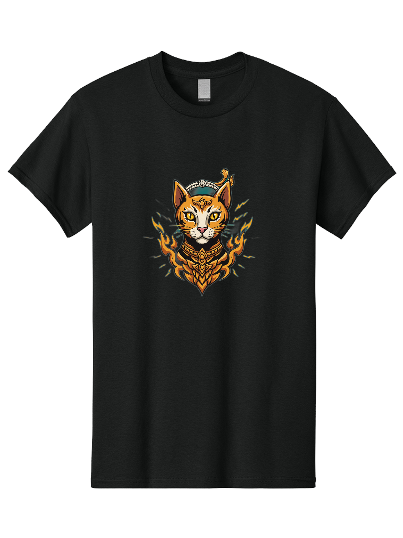 Warrior-Cat-Head Men'S Graphic Tee, 100% Cotton, Comfortable Casual Summer Wear, Machine Washable, Cat With Golden Armor, Warrior Cat, Fantasy Animal, Fierce Expression, Intense Gaze, Sword On Head, Flames, Mystical, Mythical Creature, Bae818
