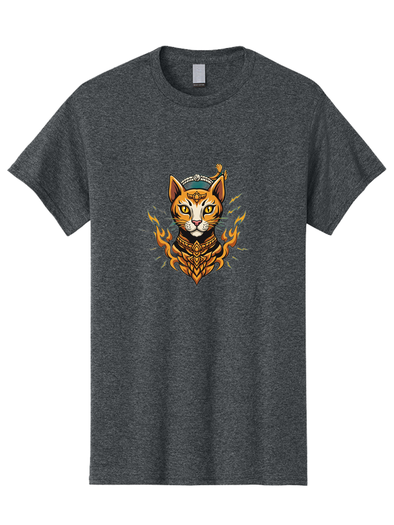 Warrior-Cat-Head Men'S Graphic Tee, 100% Cotton, Comfortable Casual Summer Wear, Machine Washable, Cat With Golden Armor, Warrior Cat, Fantasy Animal, Fierce Expression, Intense Gaze, Sword On Head, Flames, Mystical, Mythical Creature, Bae818