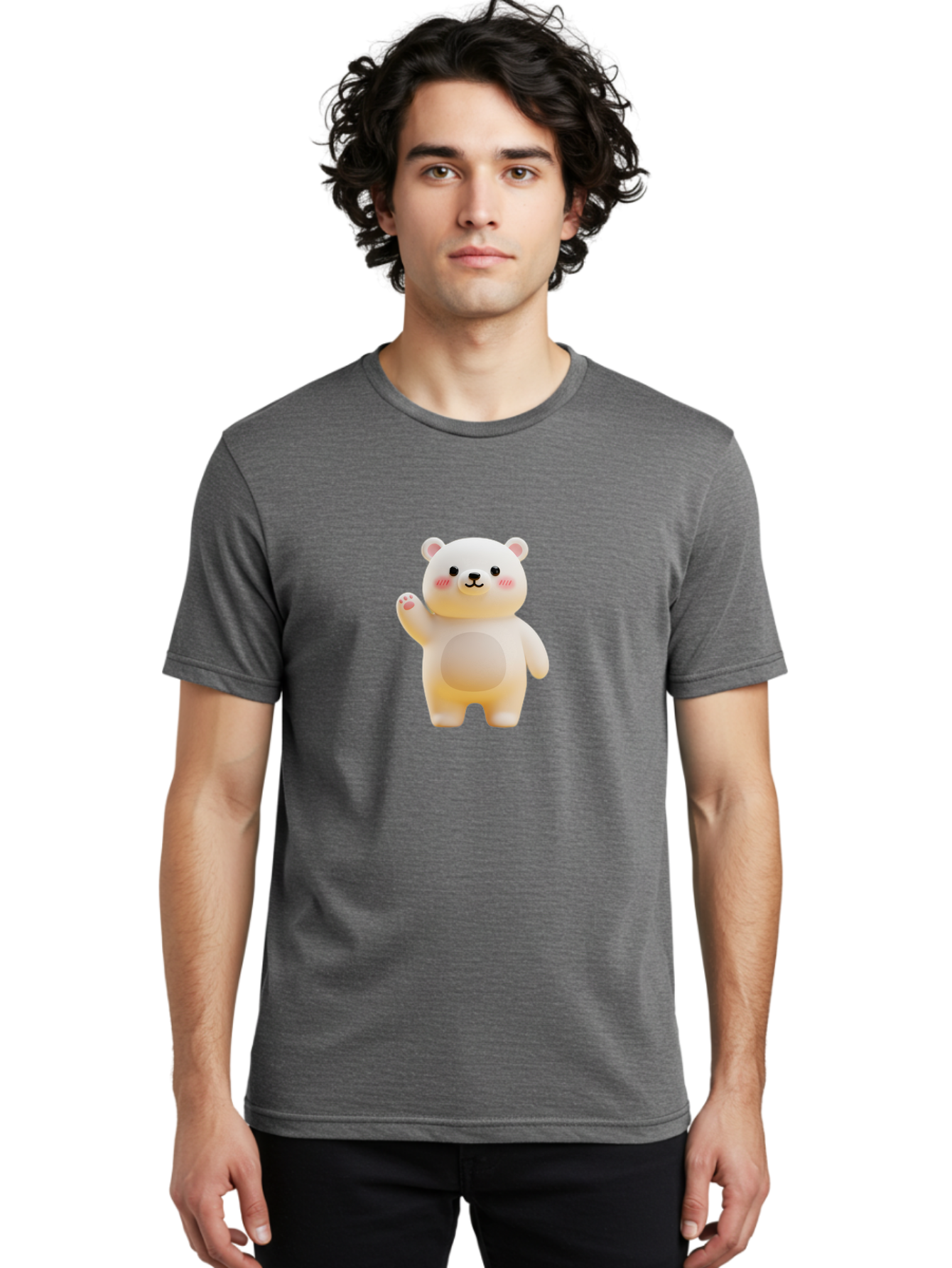 White-Bear-1 Men'S Graphic Tee, 100% Cotton, Comfortable Casual Summer Wear, Machine Washable, Cute Cartoon Bear, White Bear Figurine, Smiling Face, Waving Hand, Soft Toy, Kawaii Character, Nursery Decoration, Plushie, Adorable Animal, Bae819