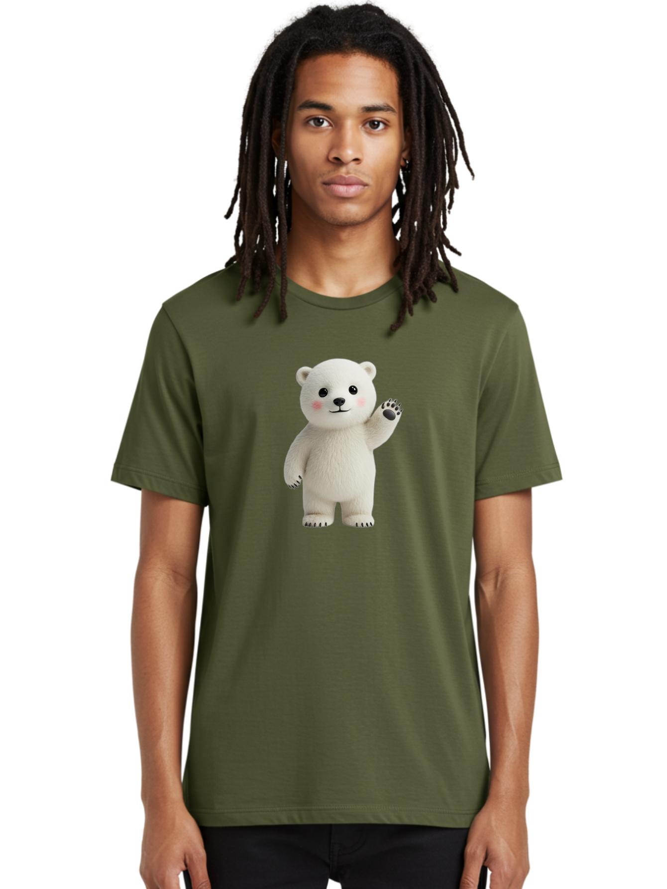 White-Bear Men'S Graphic Tee, 100% Cotton, Comfortable Casual Summer Wear, Machine Washable, Cute Polar Bear, Cartoon Character, Fluffy White Fur, Friendly Gesture, Waving Paw, Adorable Expression, 3D Rendering, Digital Art, Cartoon Style, Bae820