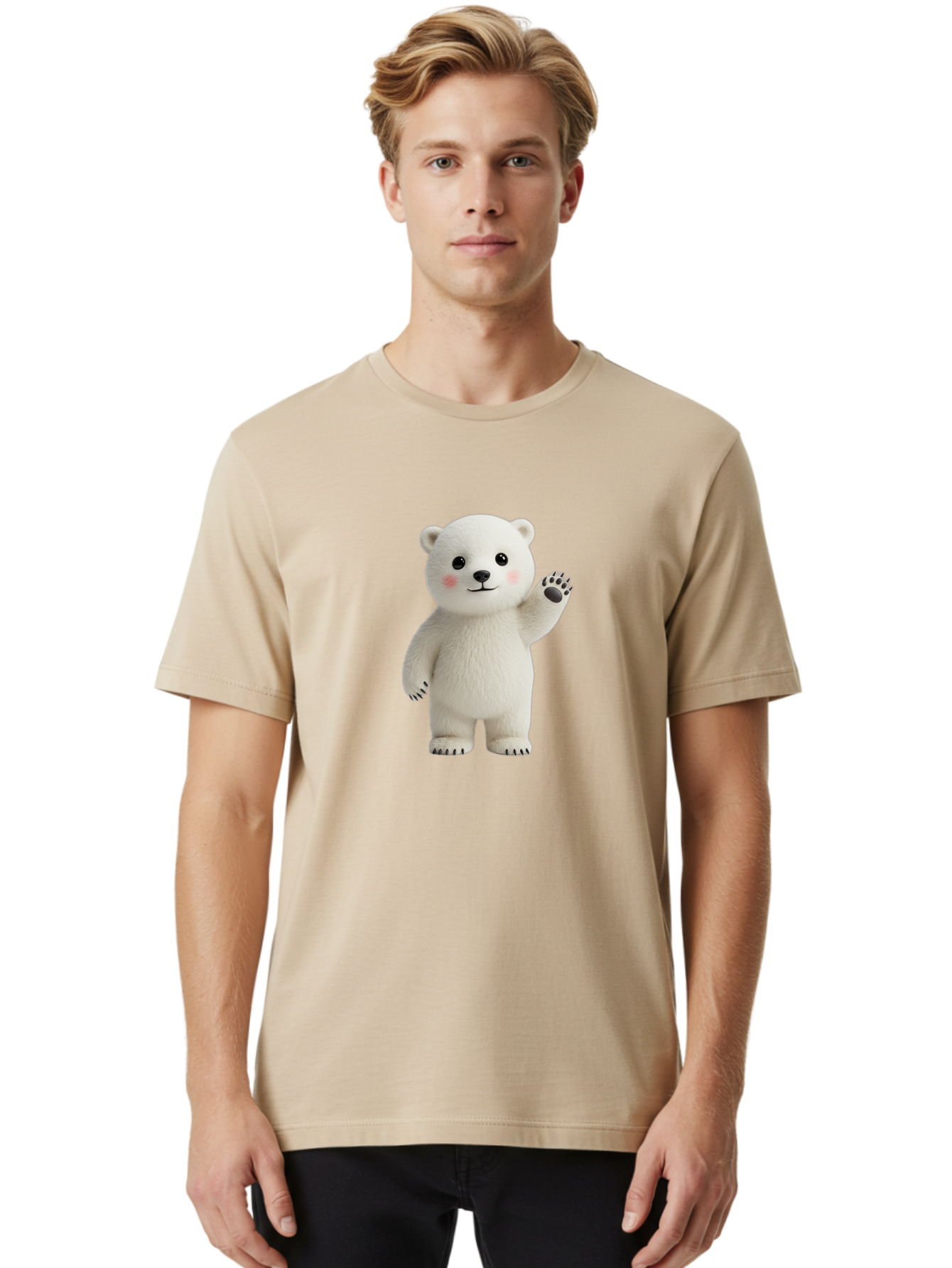 White-Bear Men'S Graphic Tee, 100% Cotton, Comfortable Casual Summer Wear, Machine Washable, Cute Polar Bear, Cartoon Character, Fluffy White Fur, Friendly Gesture, Waving Paw, Adorable Expression, 3D Rendering, Digital Art, Cartoon Style, Bae820