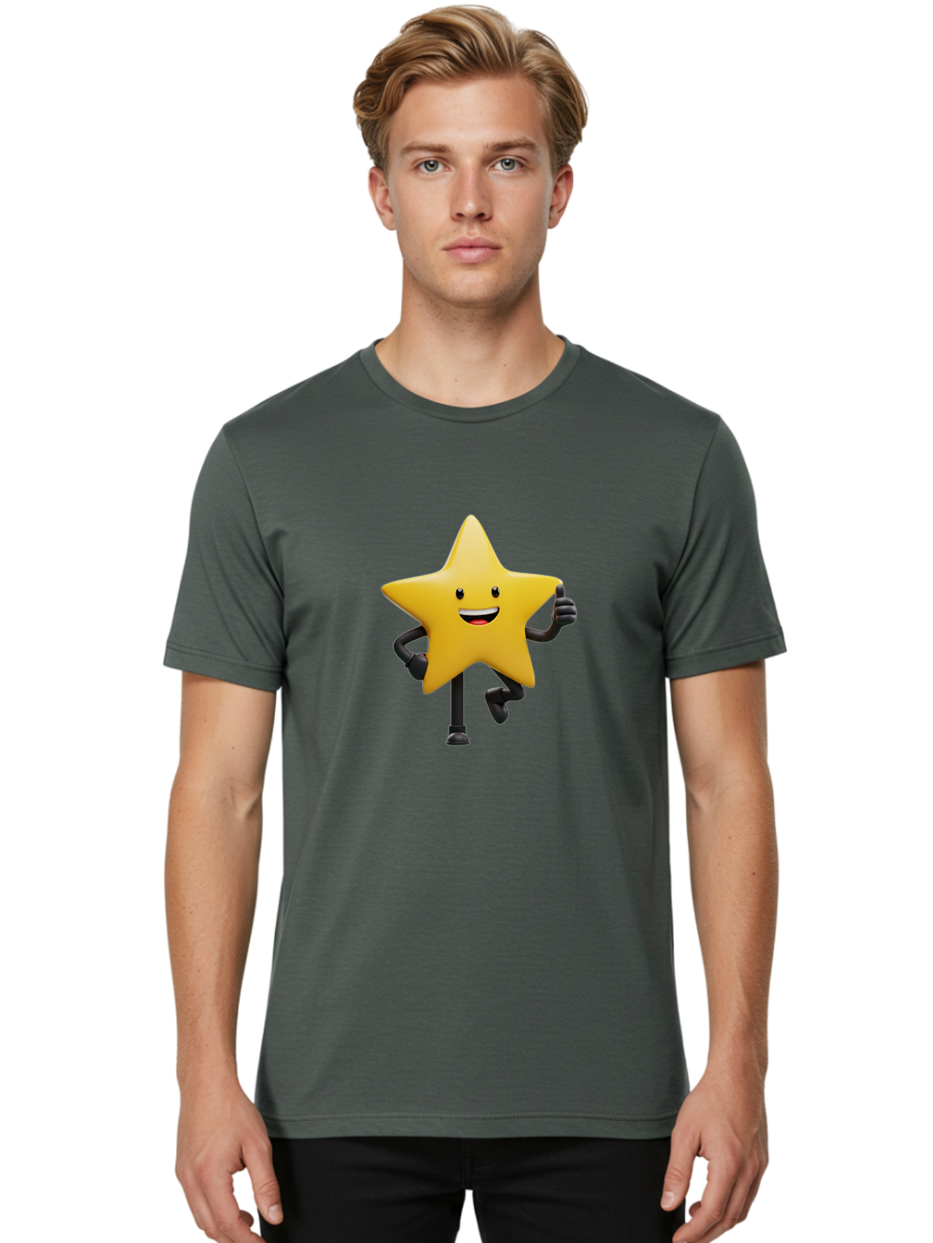 Yellow-Star Men'S Graphic Tee, 100% Cotton, Comfortable Casual Summer Wear, Machine Washable, Cartoon Star, Yellow Star, Smiling Face, Happy Expression, Stick Legs, Animated Character, Funny Star, Cartoon Graphics, Character Design, Bae821