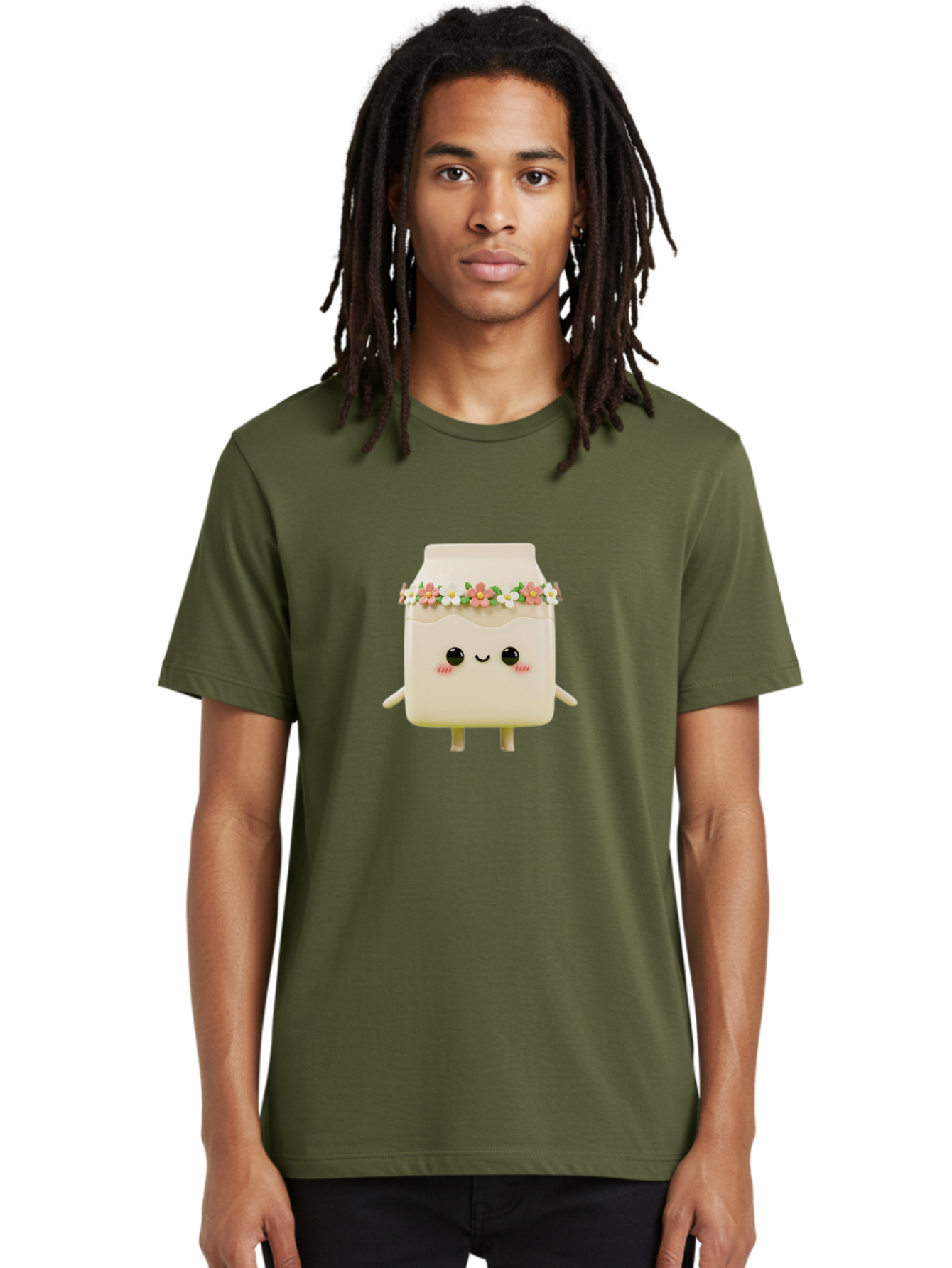 Yogurt-With-Flowers Men'S Graphic Tee, 100% Cotton, Comfortable Casual Summer Wear, Machine Washable, Yogurt Bottle With Floral Crown, Cute Anime Character, Kawaii Food, Pastel Colors, Floral Decoration, Adorable Design, Cartoon Style, Bae822