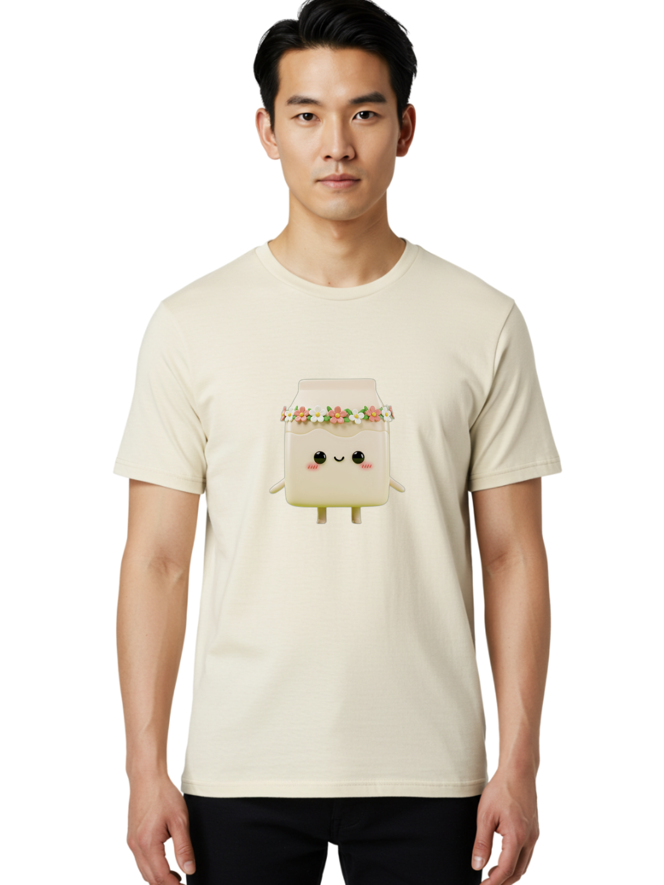Yogurt-With-Flowers Men'S Graphic Tee, 100% Cotton, Comfortable Casual Summer Wear, Machine Washable, Yogurt Bottle With Floral Crown, Cute Anime Character, Kawaii Food, Pastel Colors, Floral Decoration, Adorable Design, Cartoon Style, Bae822