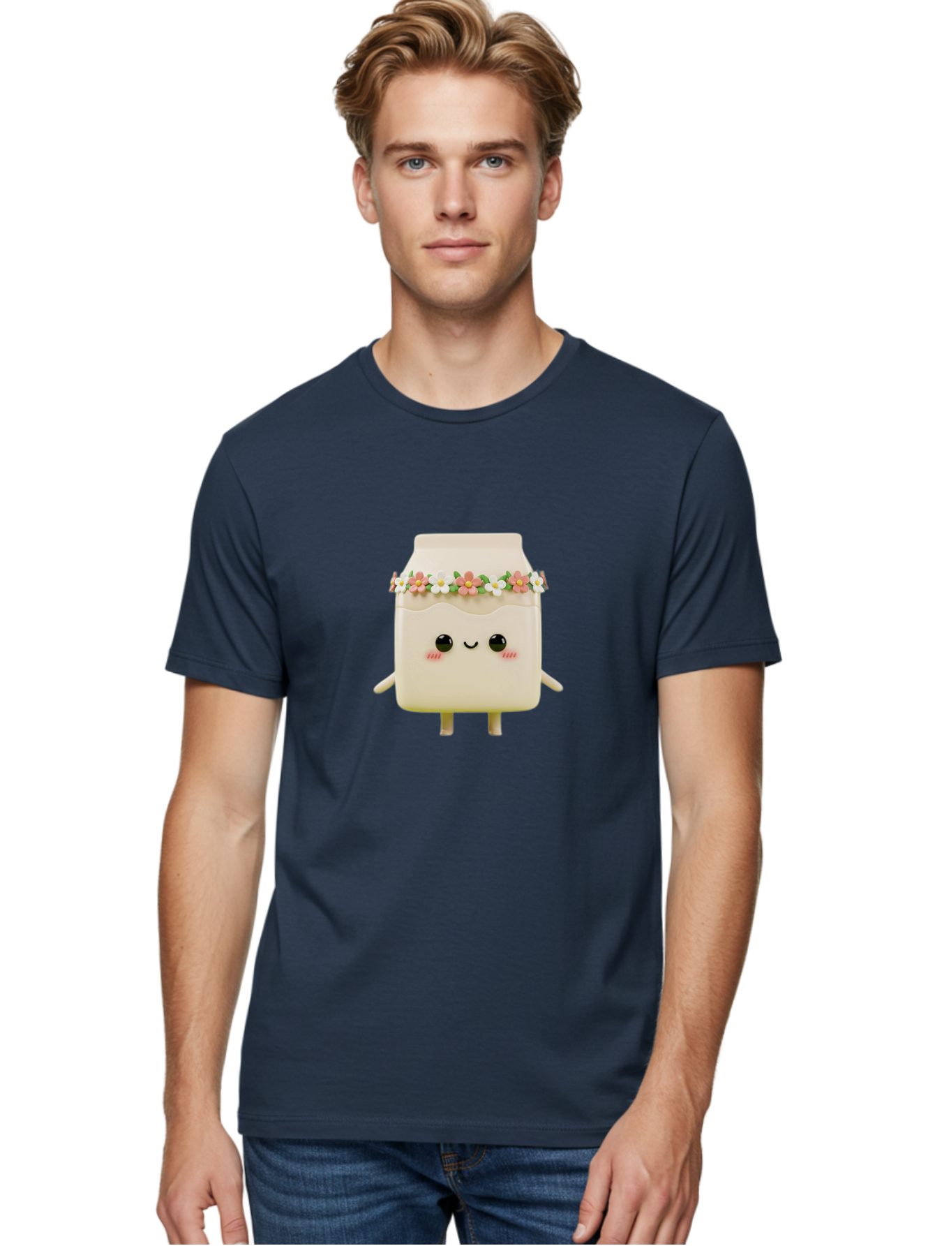 Yogurt-With-Flowers Men'S Graphic Tee, 100% Cotton, Comfortable Casual Summer Wear, Machine Washable, Yogurt Bottle With Floral Crown, Cute Anime Character, Kawaii Food, Pastel Colors, Floral Decoration, Adorable Design, Cartoon Style, Bae822