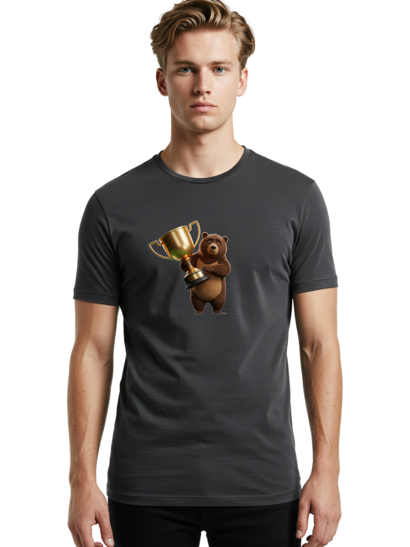 Bear-Holding-Trophy Men'S Graphic Tee, 100% Cotton, Comfortable Casual Summer Wear, Machine Washable, Vintage Camera, Old Camera, Antique Camera, Black Camera, Classic Photography, Photography Equipment, Nostalgic Device, Film Camera, Camera Art Bae857