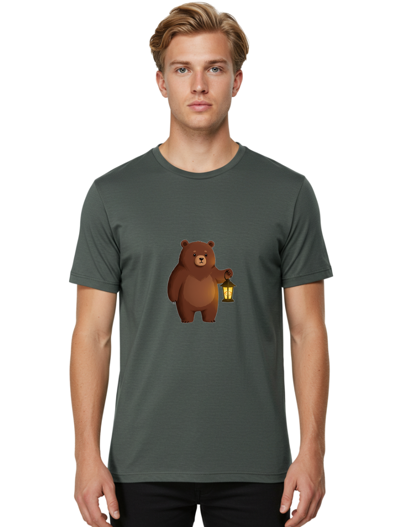 Bear-With-Lantern-1 Men'S Graphic Tee, 100% Cotton, Comfortable Casual Summer Wear, Machine Washable, Vintage Camera, Old Camera, Antique Camera, Black Camera, Classic Photography, Photography Equipment, Nostalgic Device, Film Camera, Camera Art Bae878