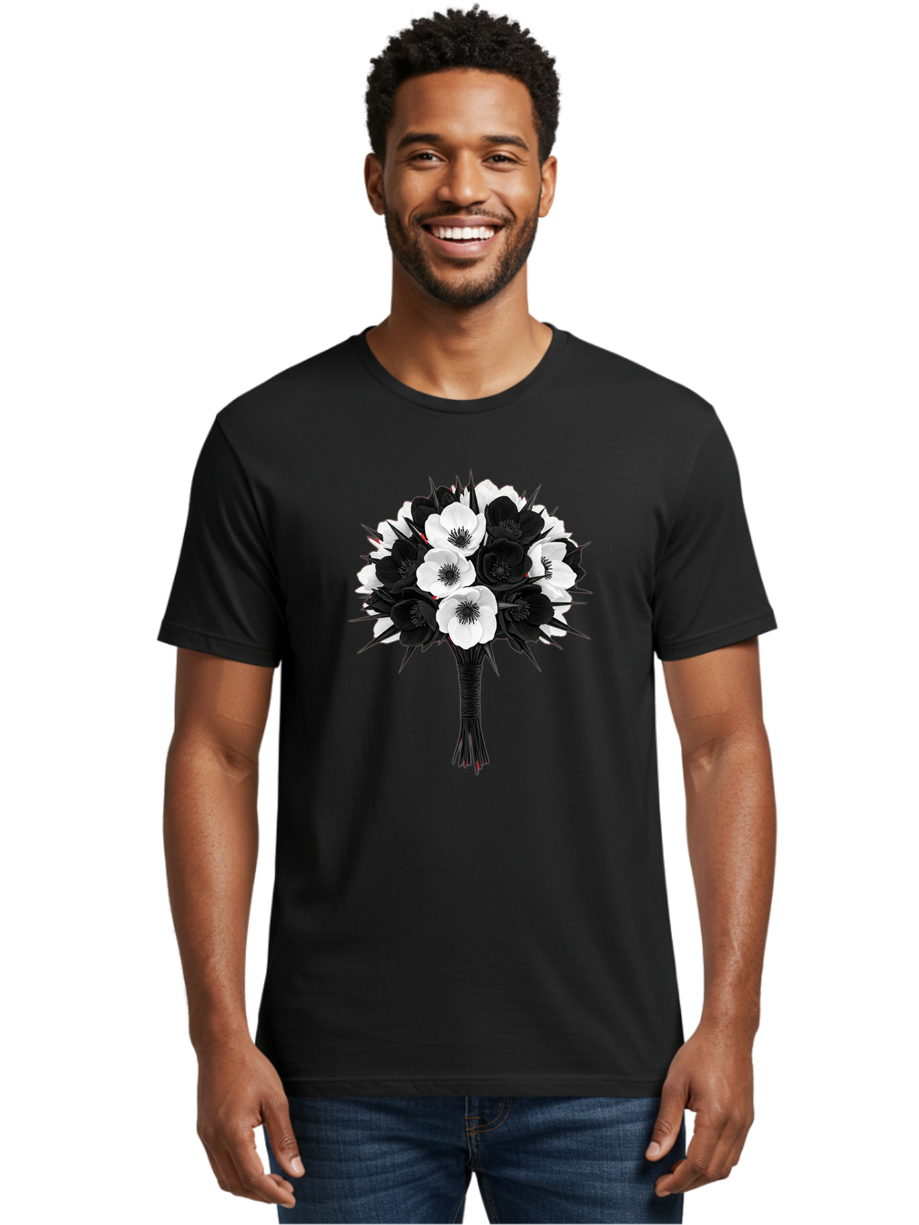 Black-And-White-Anemone-Bouquet Men'S Graphic Tee, 100% Cotton, Comfortable Casual Summer Wear, Machine Washable, Vintage Camera, Old Camera, Antique Camera, Black Camera, Classic Photography, Photography Equipment, Nostalgic Device, Bae895