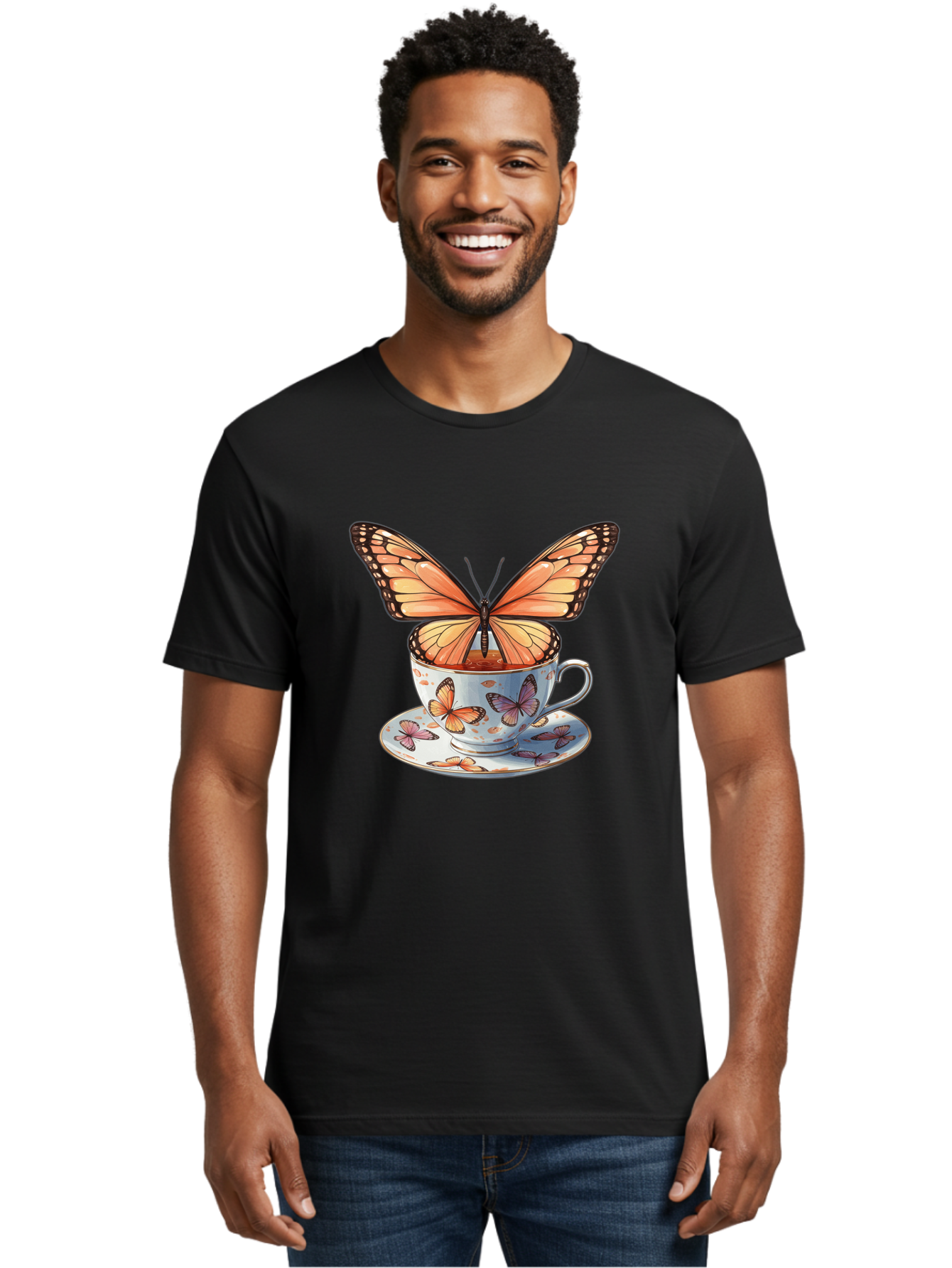 Butterfly-Teacup Men'S Graphic Tee, 100% Cotton, Comfortable Casual Summer Wear, Machine Washable, Vintage Camera, Old Camera, Antique Camera, Black Camera, Classic Photography, Photography Equipment, Nostalgic Device, Film Camera, Camera Art Bae944