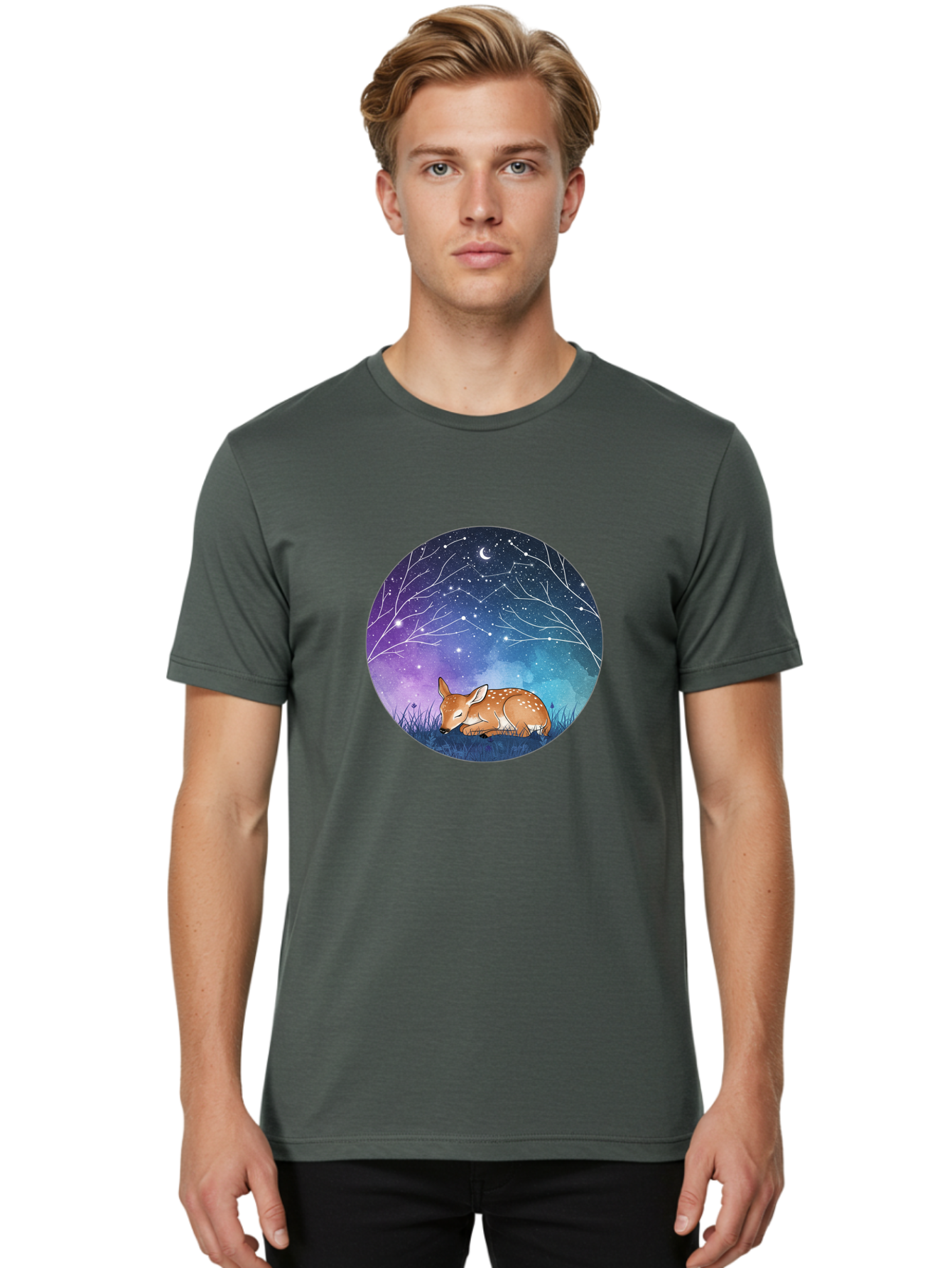 Deer-Under-Starry-Night-Sky Men'S Graphic Tee, 100% Cotton, Comfortable Casual Summer Wear, Machine Washable, Vintage Camera, Old Camera, Antique Camera, Black Camera, Classic Photography, Photography Equipment, Nostalgic Device, Film Camera, Baf030