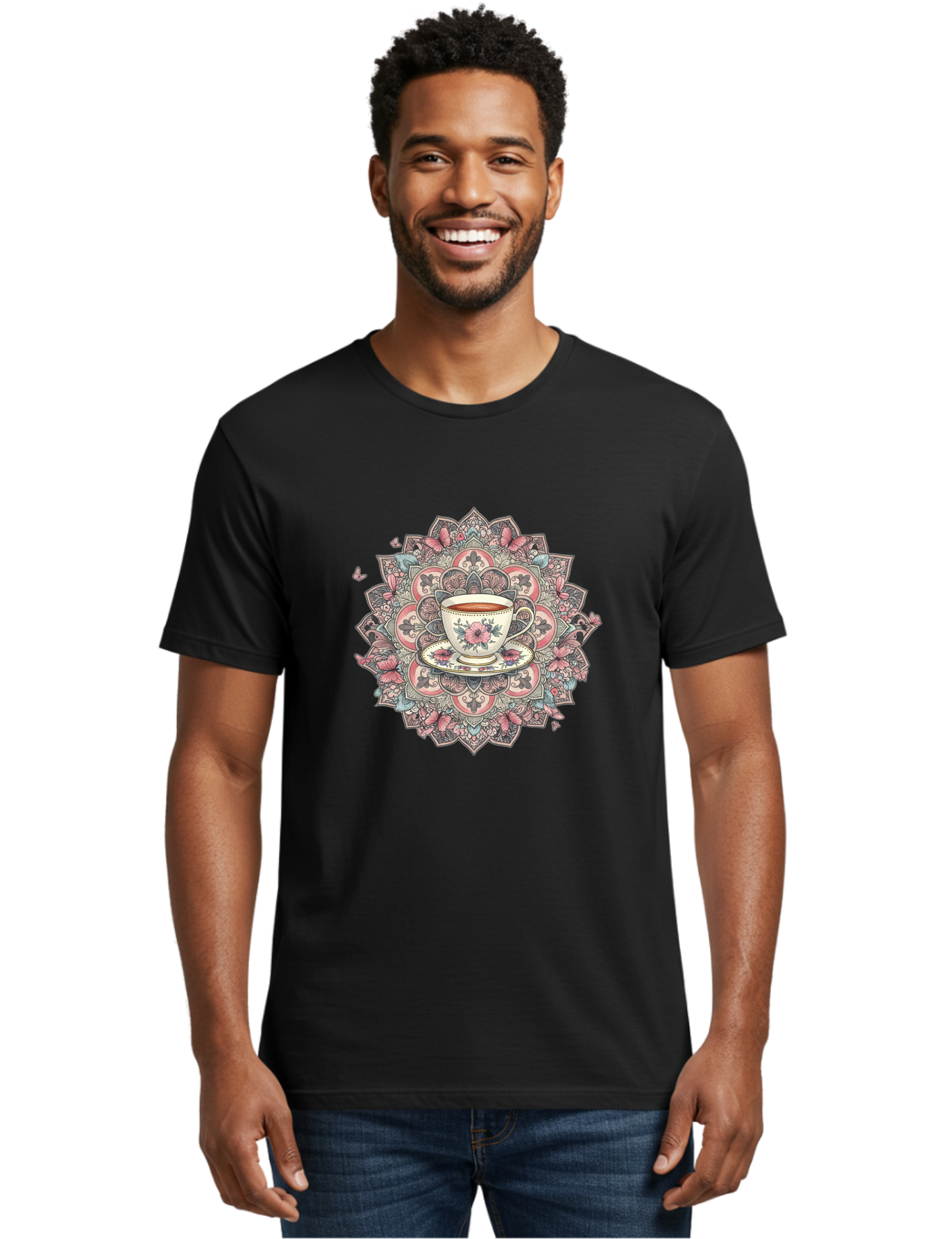 Floral-Teacup-Mandala Men'S Graphic Tee, 100% Cotton, Comfortable Casual Summer Wear, Machine Washable, Vintage Camera, Old Camera, Antique Camera, Black Camera, Classic Photography, Photography Equipment, Nostalgic Device, Film Camera, Baf087