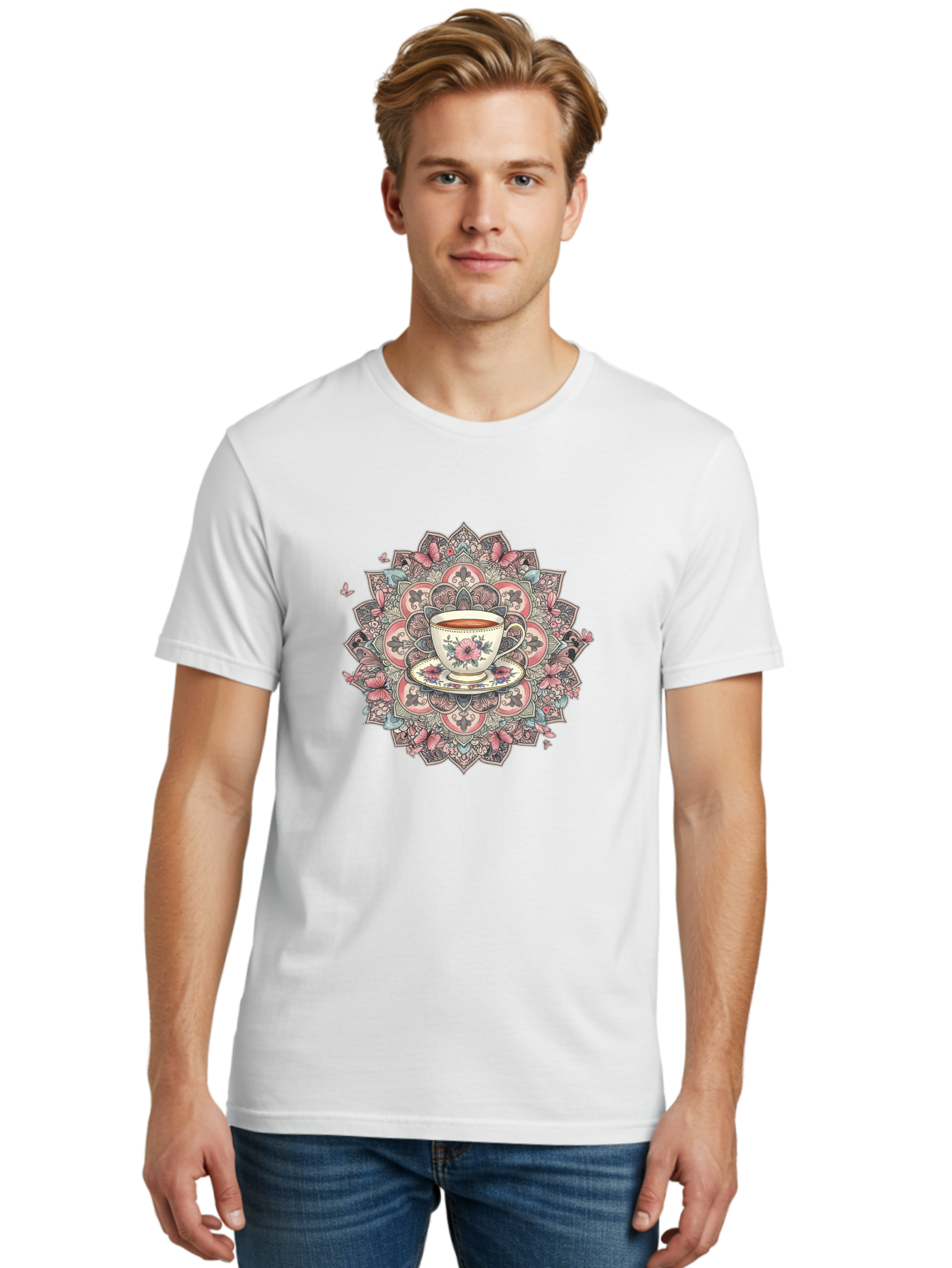 Floral-Teacup-Mandala Men'S Graphic Tee, 100% Cotton, Comfortable Casual Summer Wear, Machine Washable, Vintage Camera, Old Camera, Antique Camera, Black Camera, Classic Photography, Photography Equipment, Nostalgic Device, Film Camera, Baf087