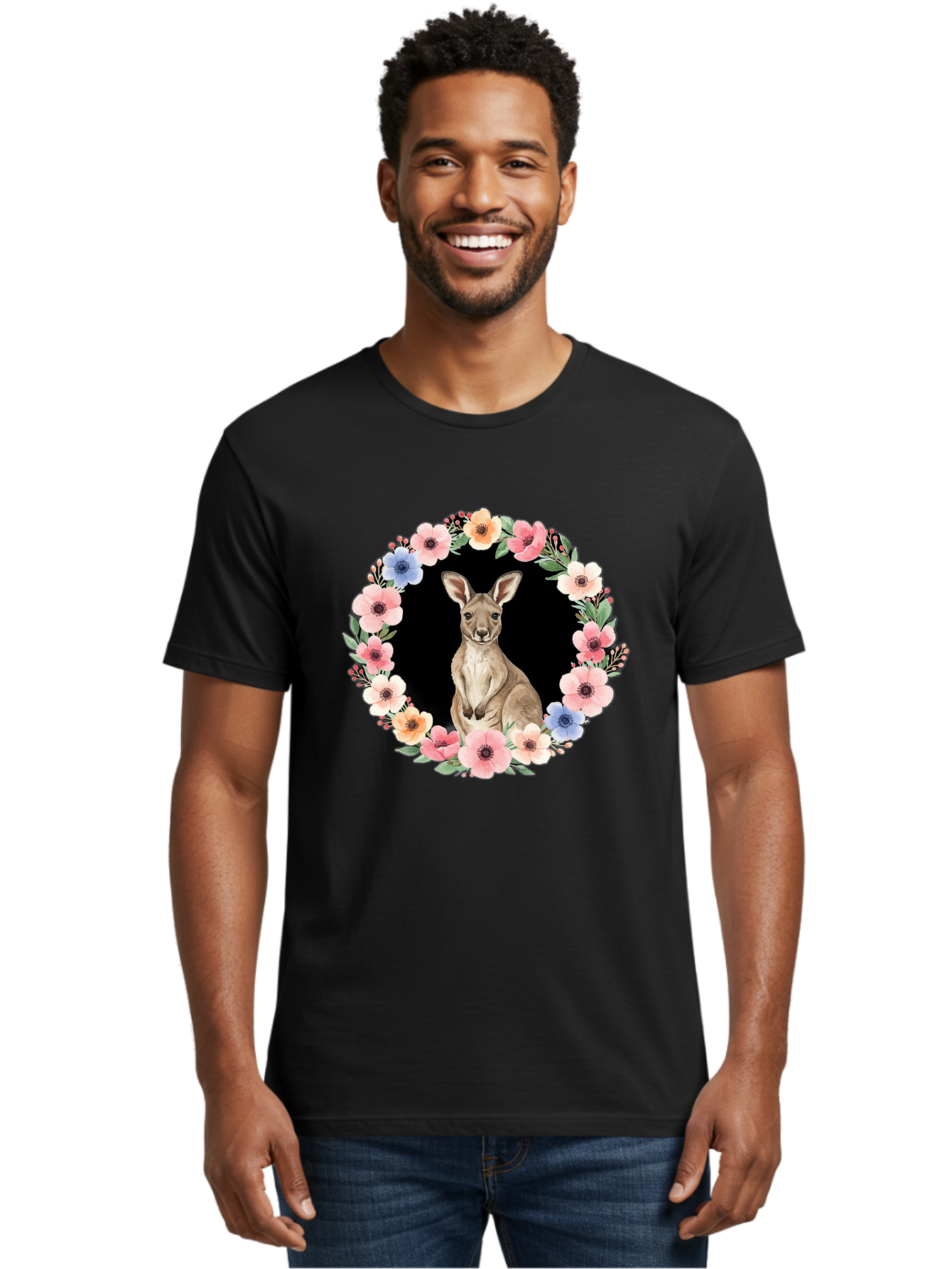 Kangaroo-In-Floral-Wreath Men'S Graphic Tee, 100% Cotton, Comfortable Casual Summer Wear, Machine Washable, Vintage Camera, Old Camera, Antique Camera, Black Camera, Classic Photography, Photography Equipment, Nostalgic Device, Film Camera, Baf157